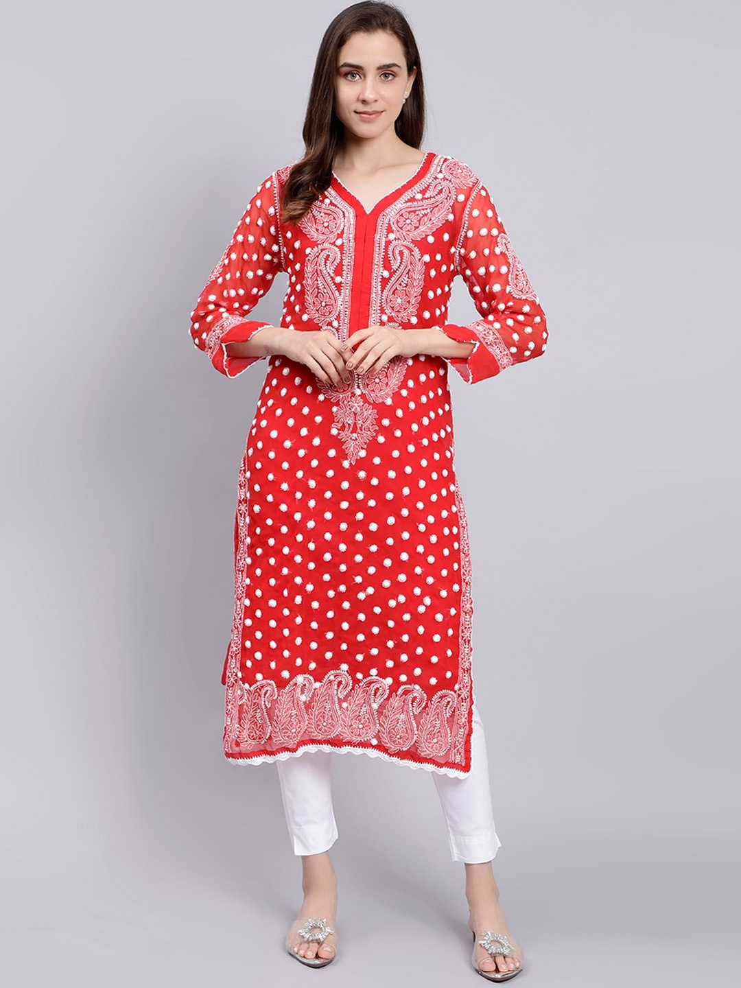 

Seva Chikan Ethnic Motifs Embroidered Lucknowi Chikankari Straight Kurta With Slip, Red
