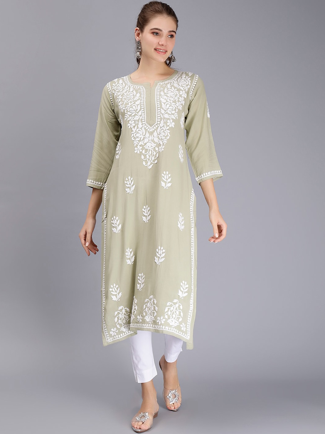 

Seva Chikan Ethnic Motifs Embroidered Lucknowi Chikankari Straight Kurta, Green