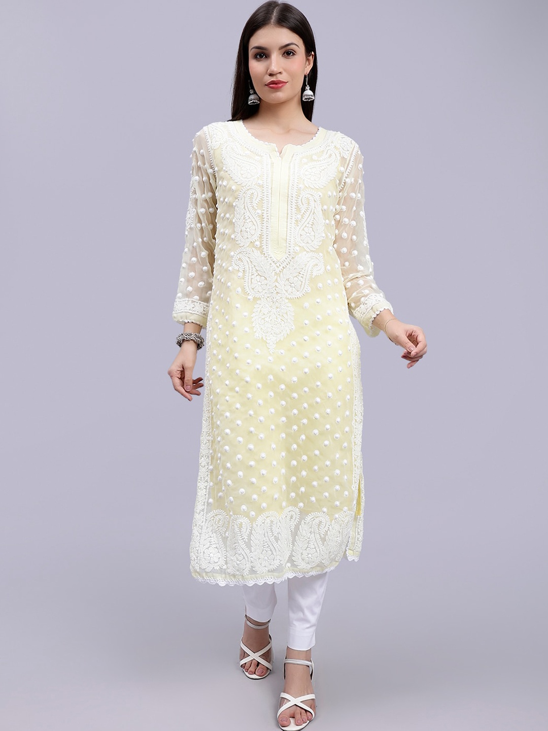 

Seva Chikan Ethnic Motifs Embroidered Lucknowi Chikankari Straight Kurta With Slip, Yellow