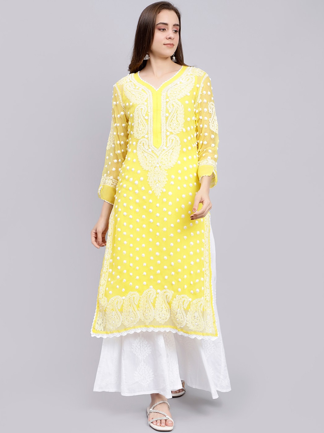 

Seva Chikan Ethnic Motifs Embroidered Lucknowi Chikankari Straight Kurta With Slip, Yellow