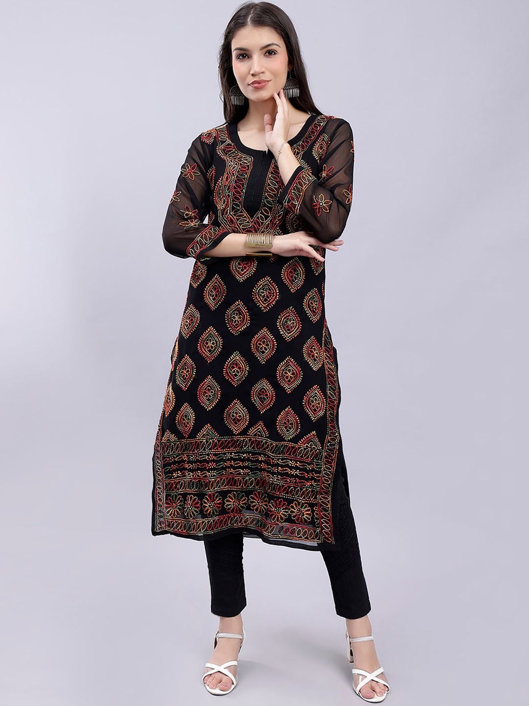 

Seva Chikan Ethnic Motifs Embroidered Lucknowi Chikankari Straight Kurta, Black