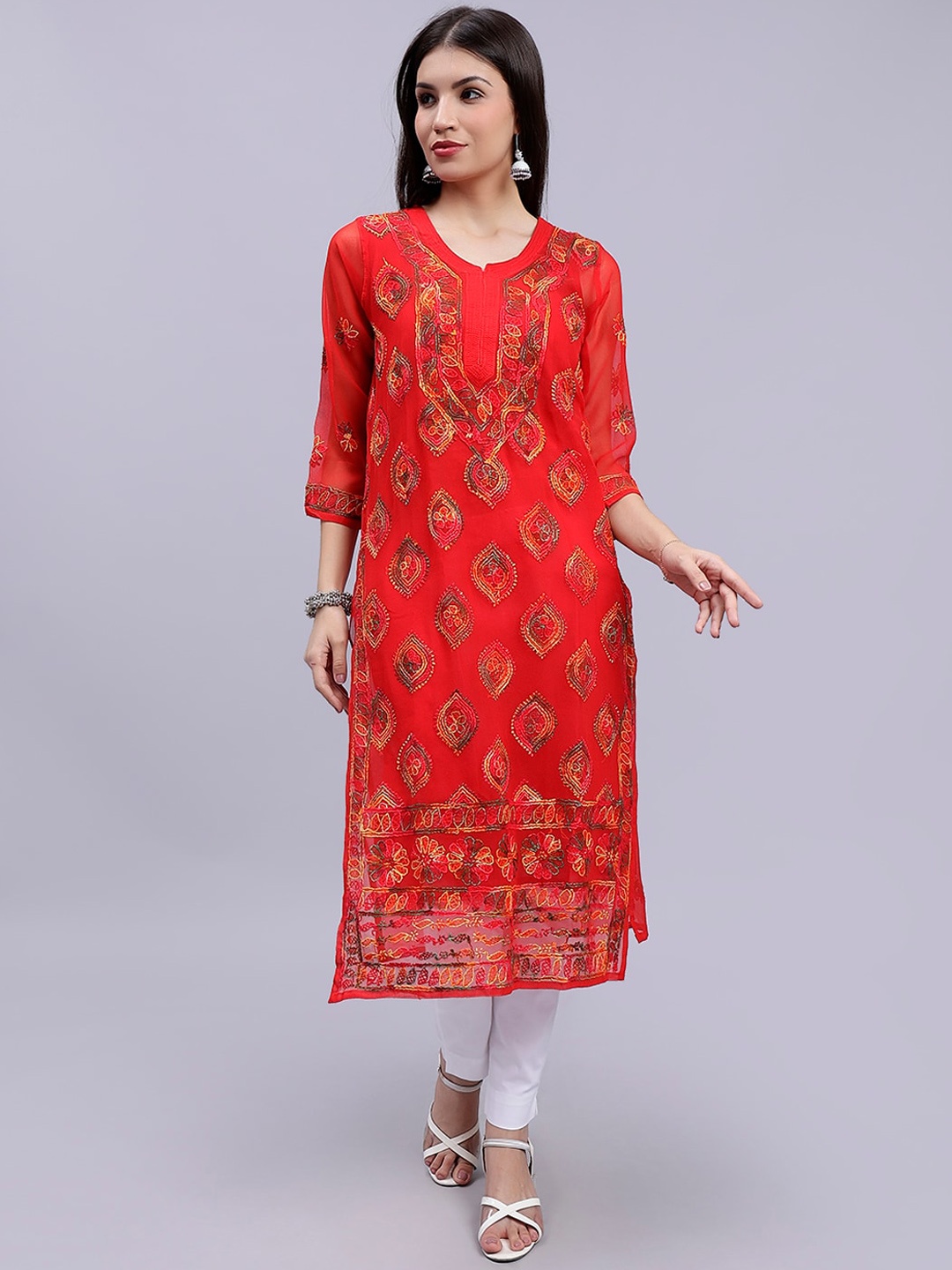 

Seva Chikan Lucknowi Chikankari Embroidered Georgette Straight Kurta With Slip, Red