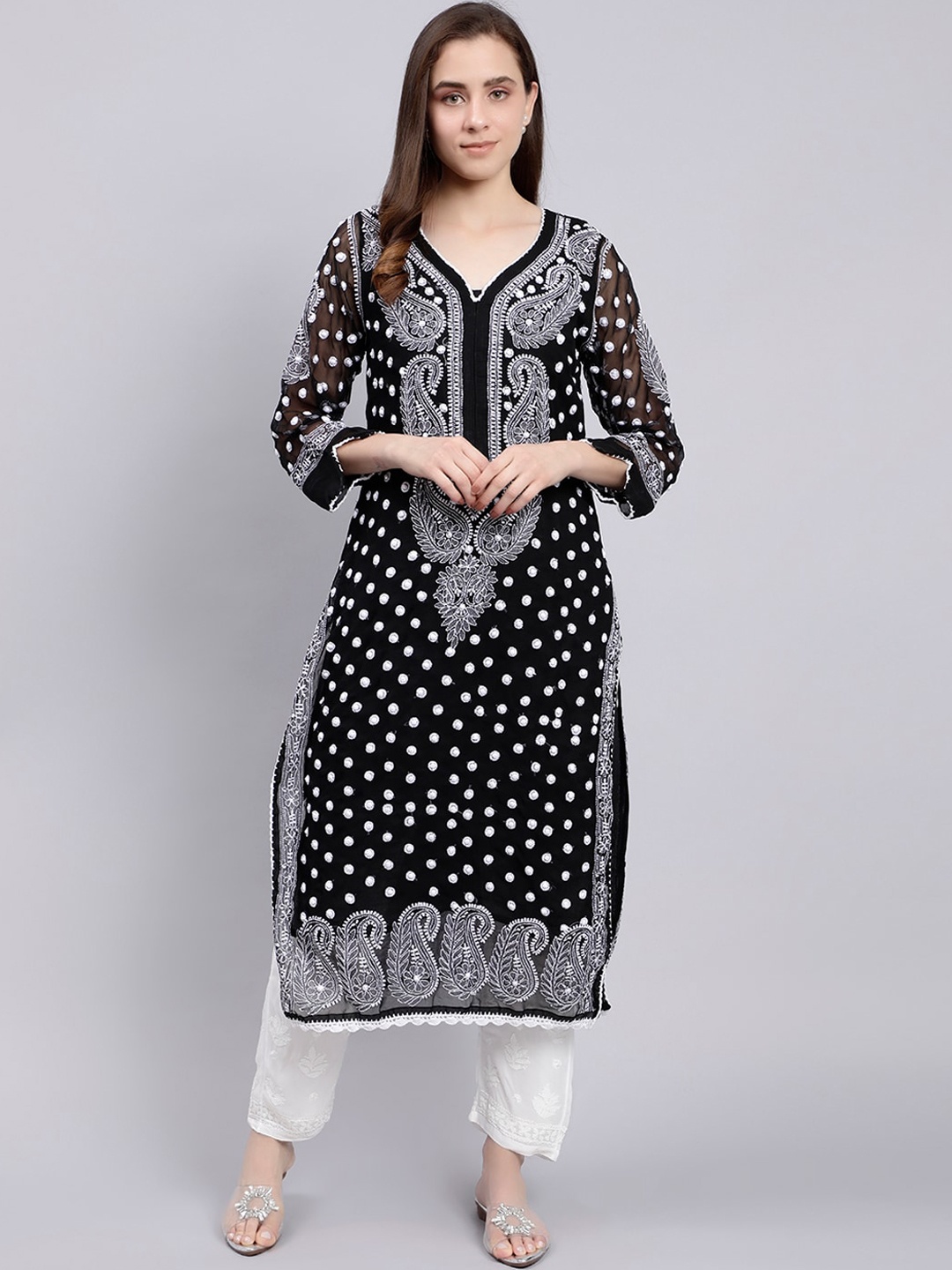 

Seva Chikan Ethnic Motifs Embroidered Lucknowi Chikankari Straight Kurta With Slip, Black