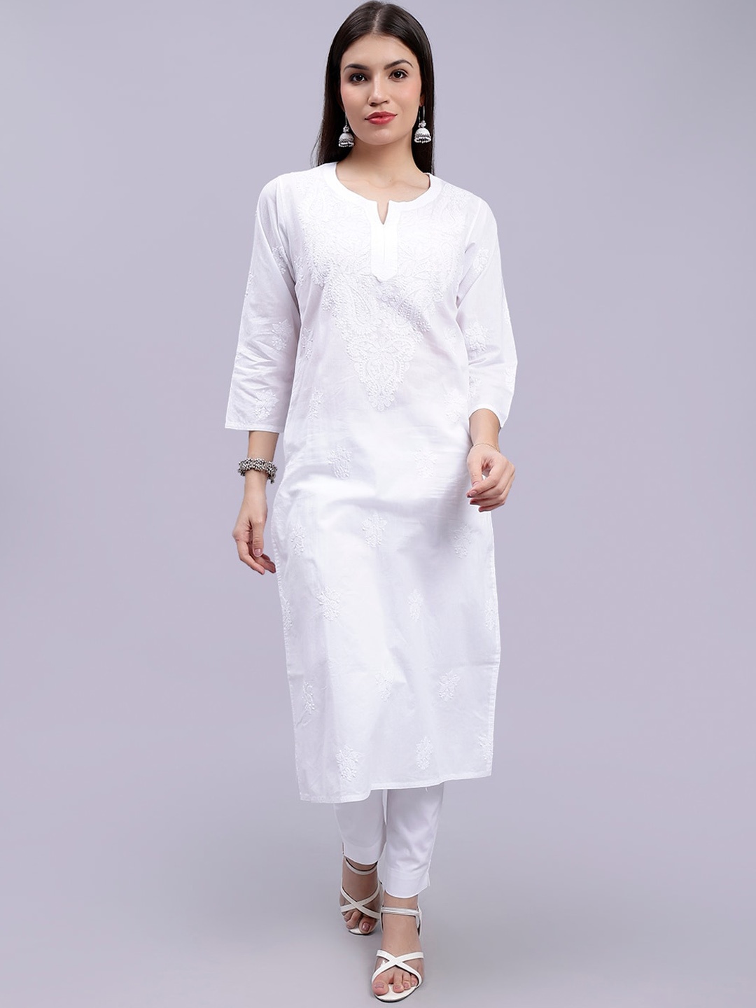 

Seva Chikan Ethnic Motifs Embroidered Lucknowi Chikankari Straight Kurta, White