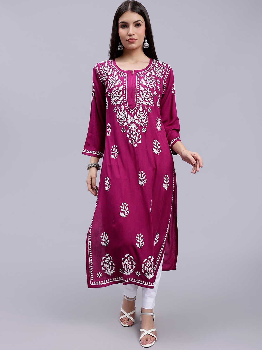 

Seva Chikan Ethnic Motifs Embroidered Lucknowi Chikankari Straight Kurta, Purple