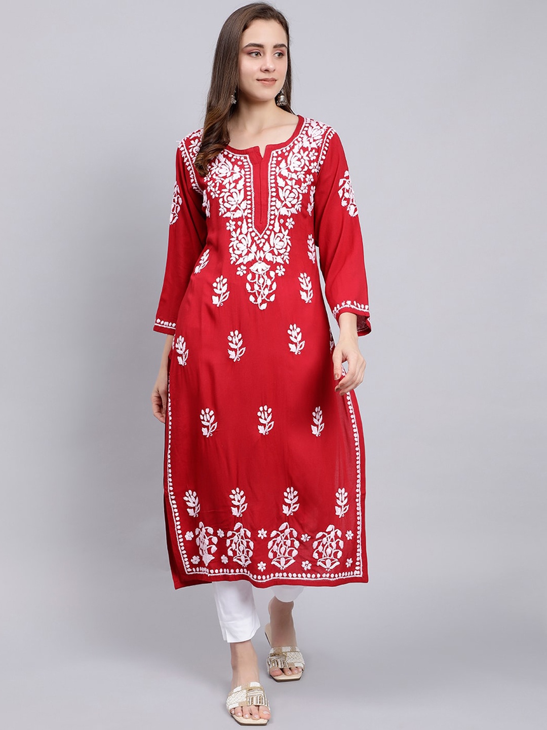 

Seva Chikan Ethnic Motifs Embroidered Lucknowi Chikankari Straight Kurta, Maroon