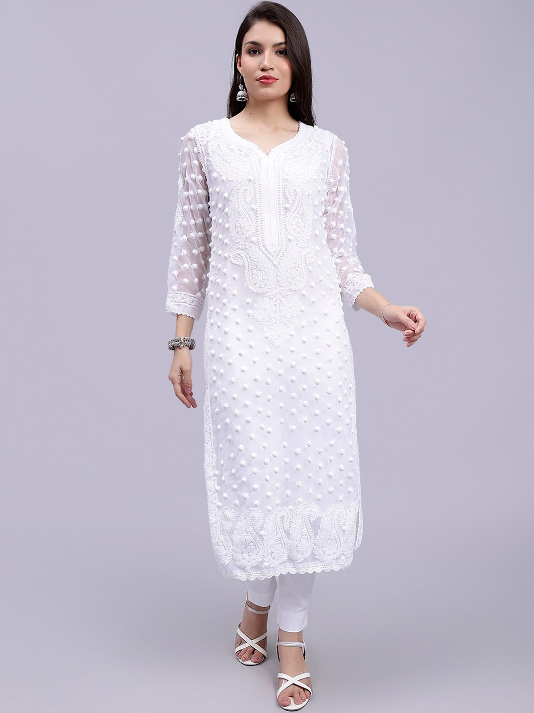 

Seva Chikan Ethnic Motifs Embroidered Lucknowi Chikankari Georgette Kurta With Slip, White