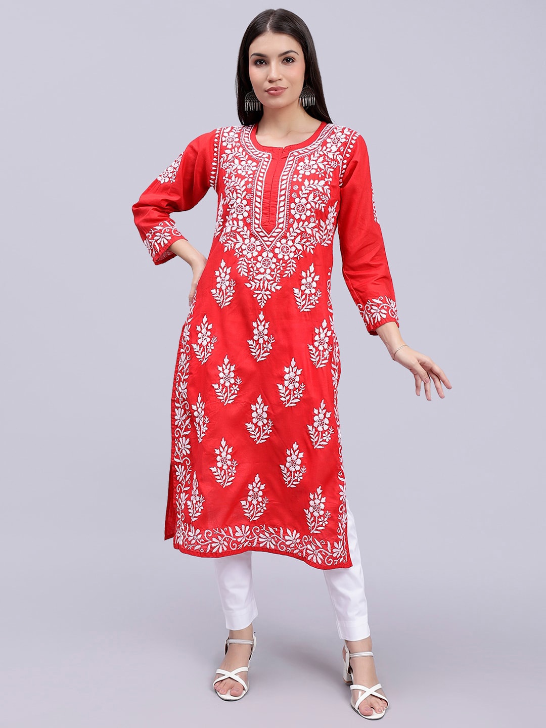 

Seva Chikan Ethnic Motifs Embroidered Lucknowi Chikankari Cotton Straight Kurta, Red