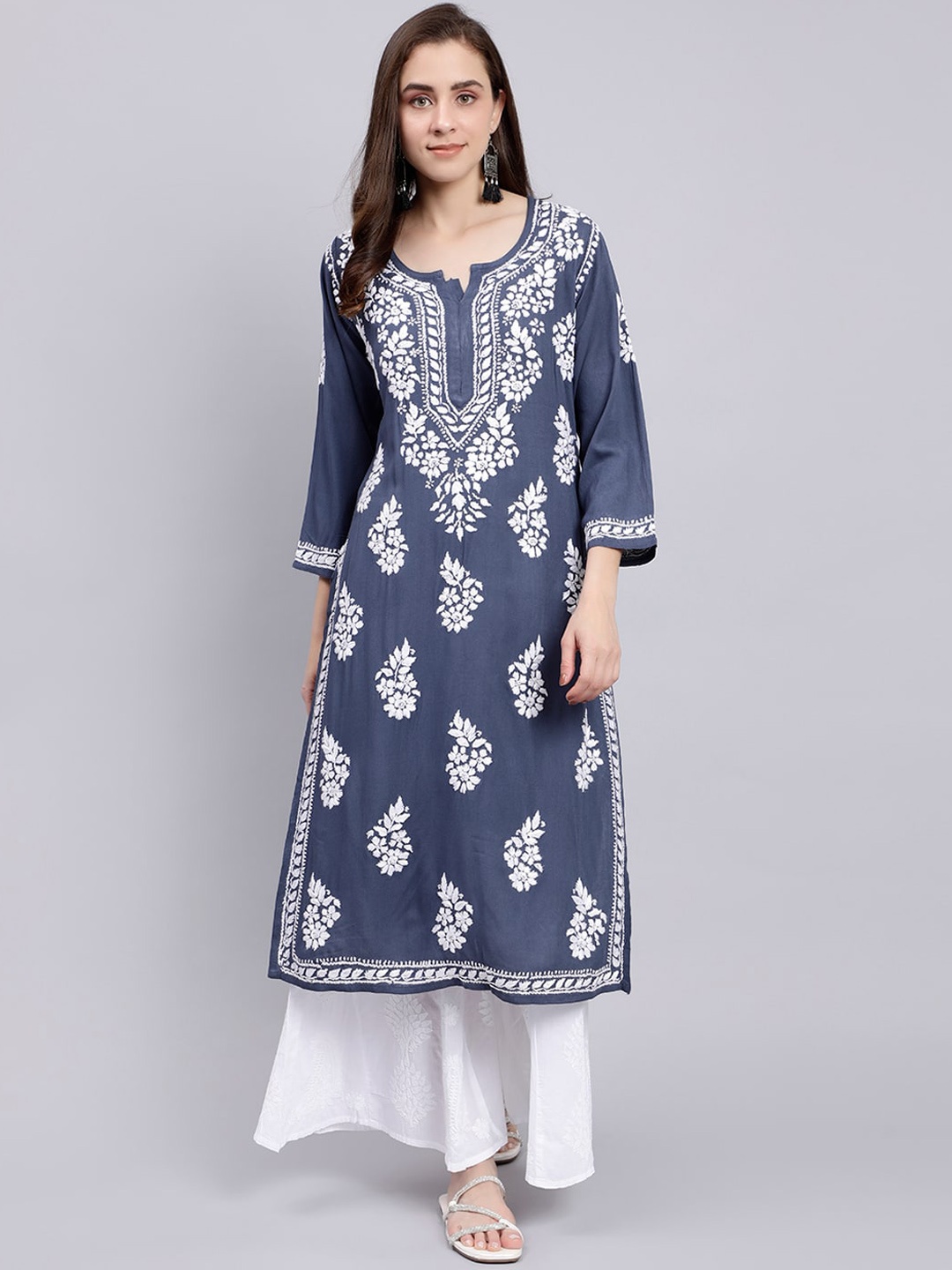 

Seva Chikan Ethnic Motifs Embroidered Lucknowi Chikankari Cotton Straight Kurta, Grey