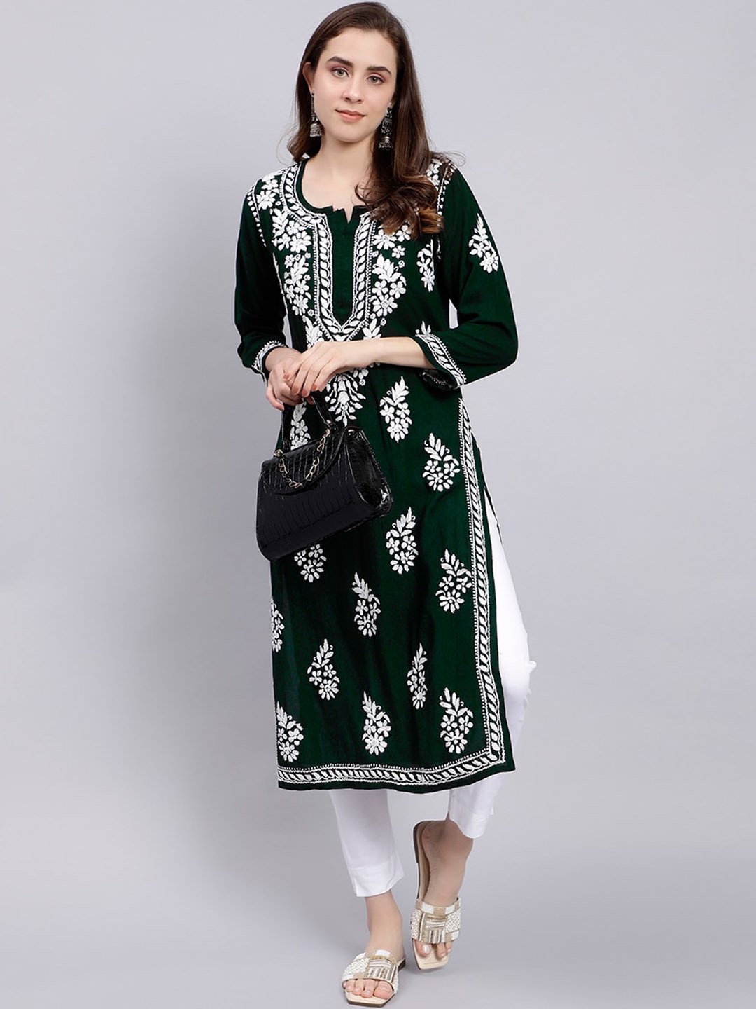 

Seva Chikan Ethnic Motifs Embroidered Lucknowi Chikankari Straight Kurta, Green