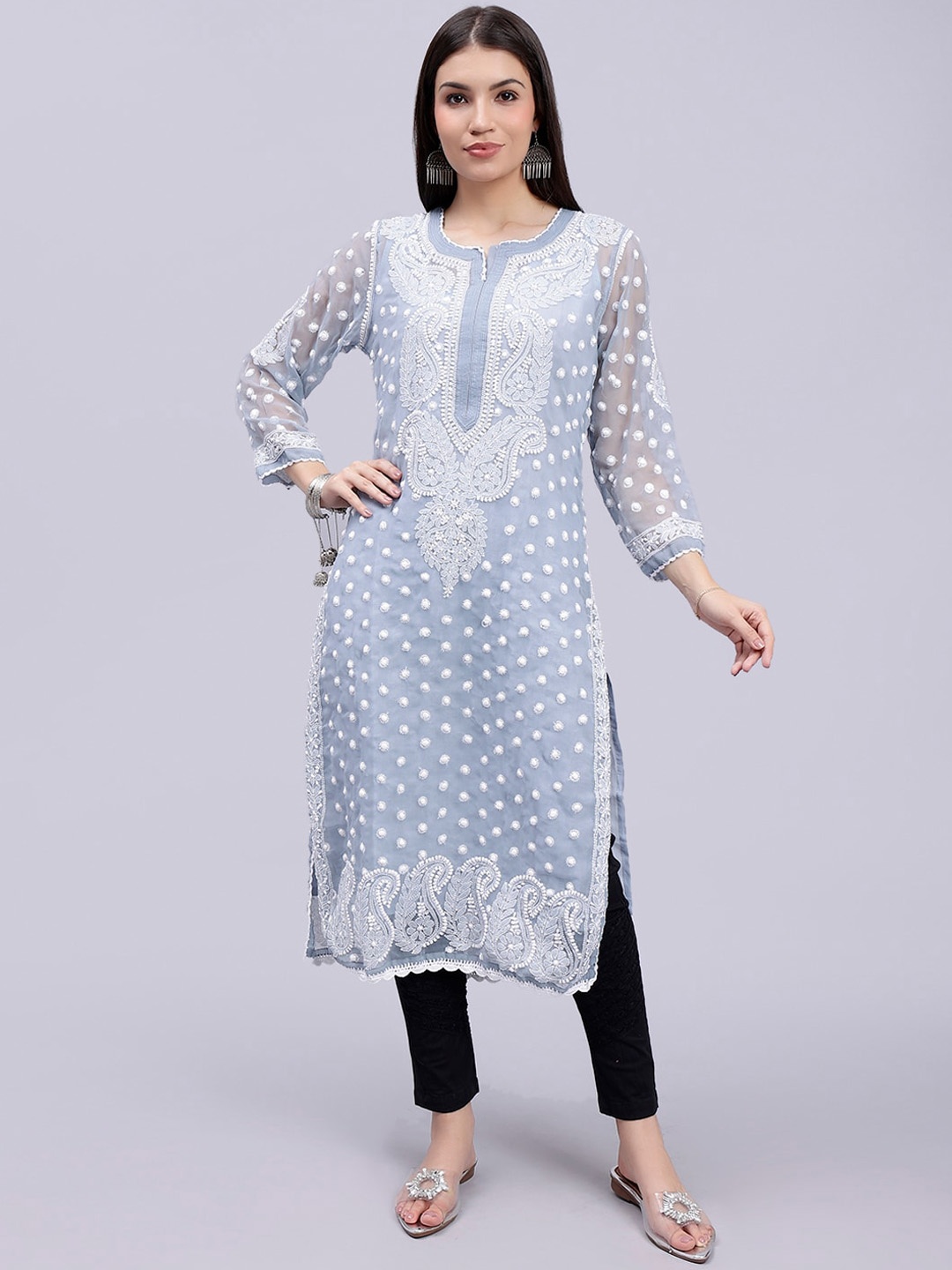 

Seva Chikan Ethnic Motifs Embroidered Georgette Chikankari Straight Kurta With Slip, Grey