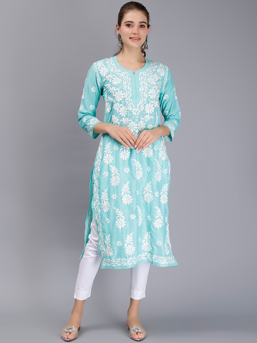 

Seva Chikan Ethnic Motifs Embroidered Chikankari Cotton Straight Kurta, Sea green