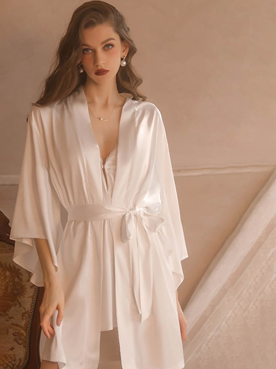 

LULU & SKY Floral Laced Wrap Nightdress With Robe, White