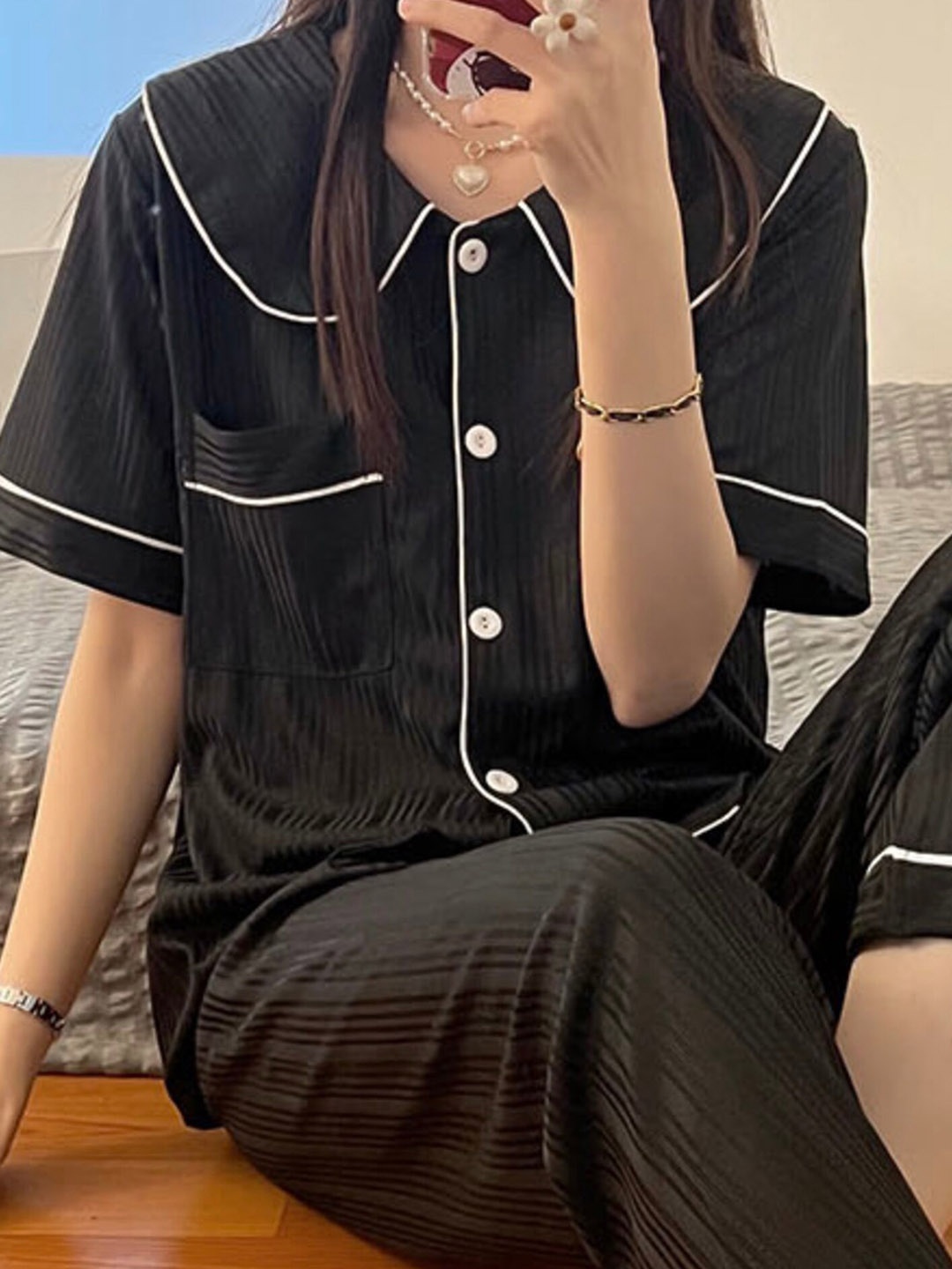 

LULU & SKY Shirt With Pant Night suit, Black