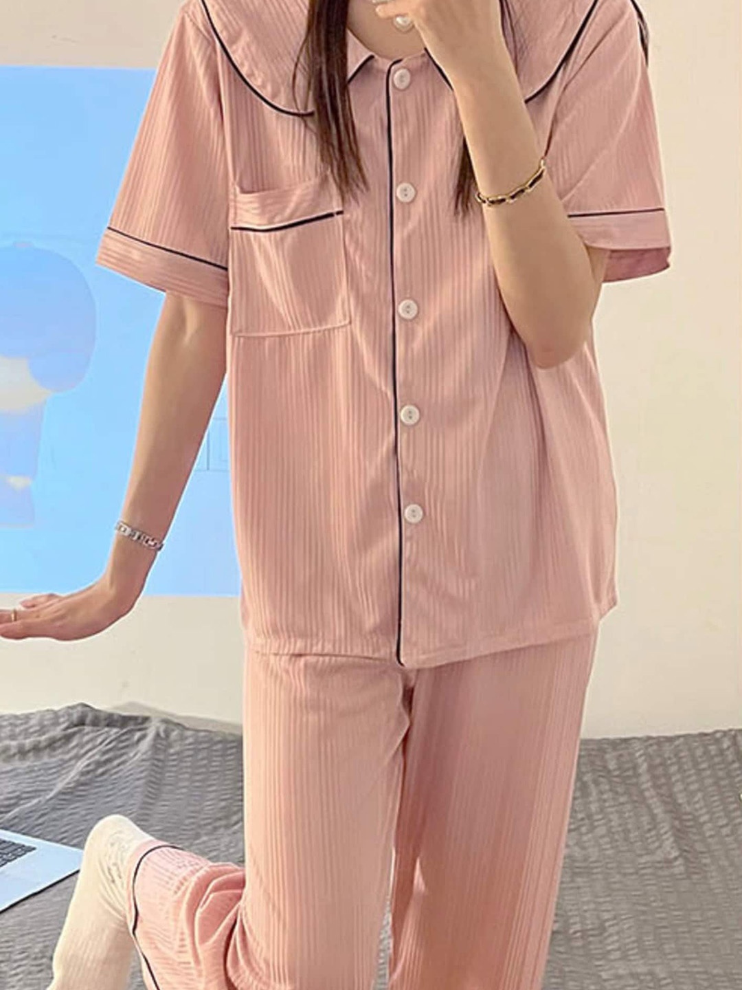 

LULU & SKY Striped Peter Pan Collar Shirt With Pyjamas, Pink