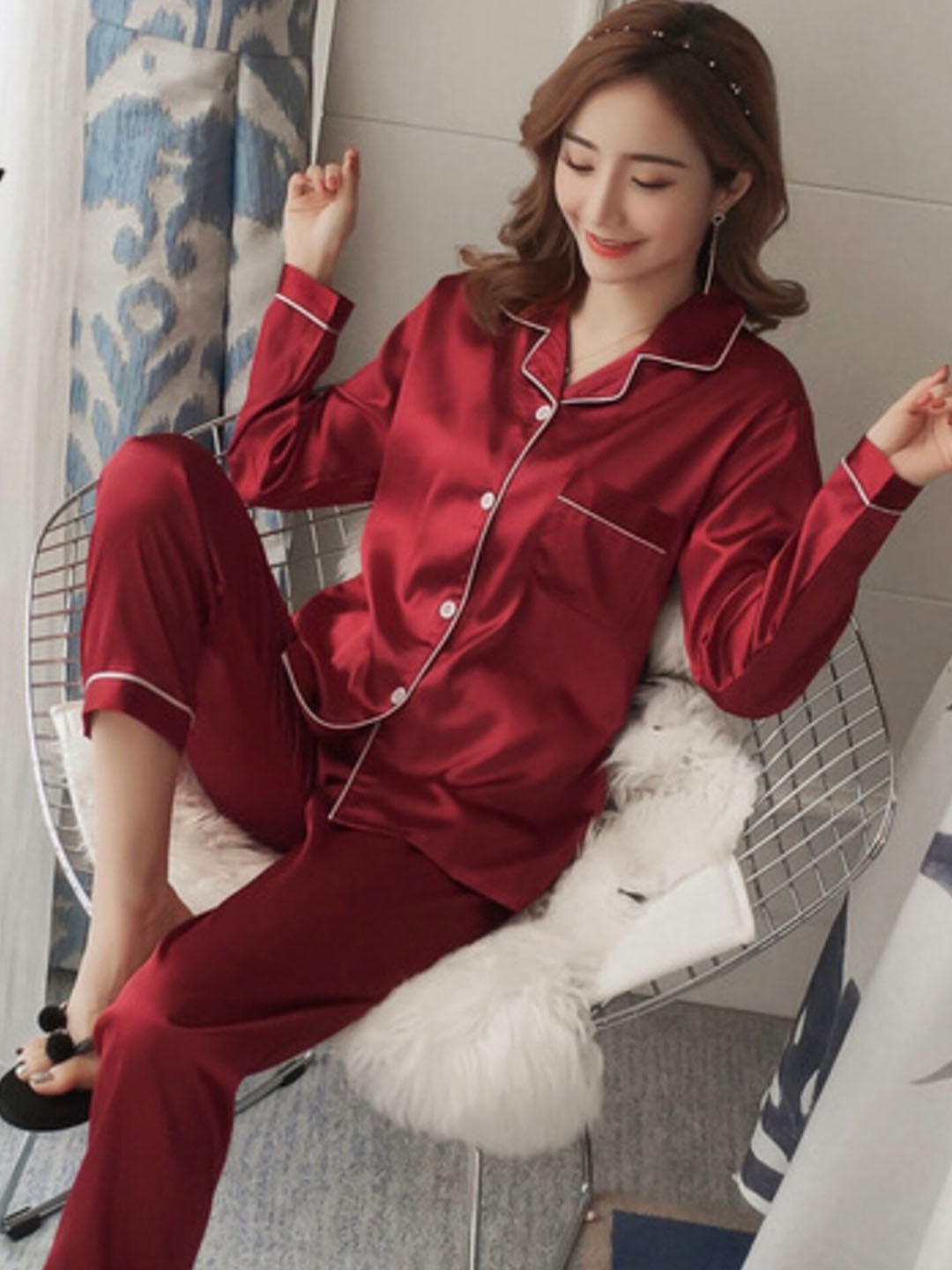 

LULU & SKY Shirt Collar Night suit, Red