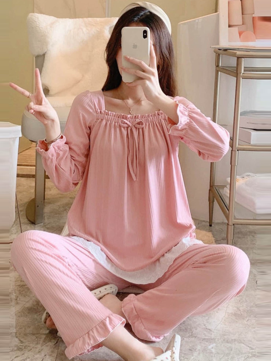 

LULU & SKY Square Neck Night Suit, Pink