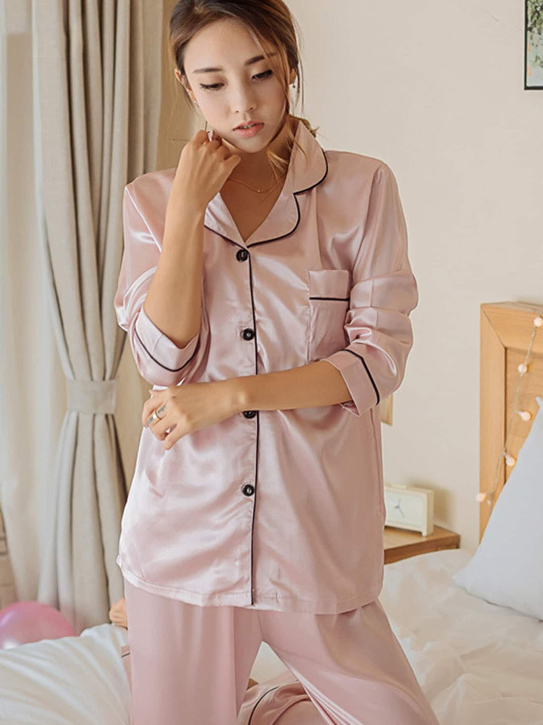 

LULU & SKY Shirt Collar Night Suit, Pink
