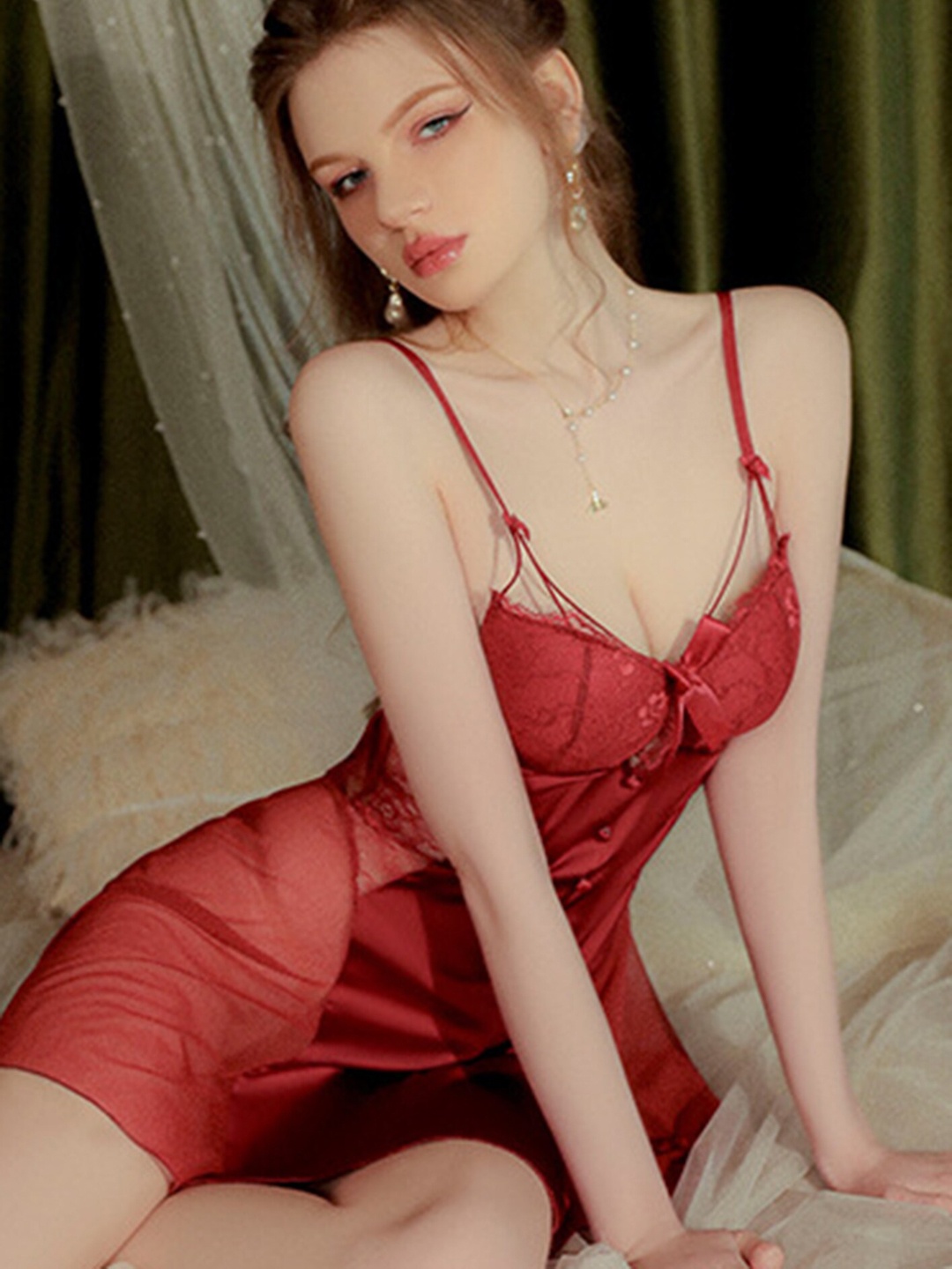 

LULU & SKY Self Design Shoulder Straps Satin Lace Babydoll, Red