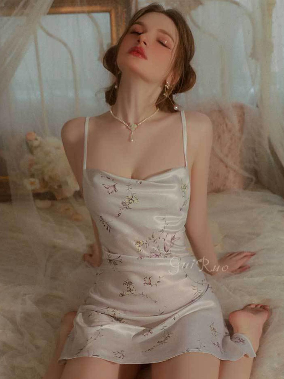 

LULU & SKY Floral Printed Shoulder Straps Satin A-Line Side Slit Nightdress, White