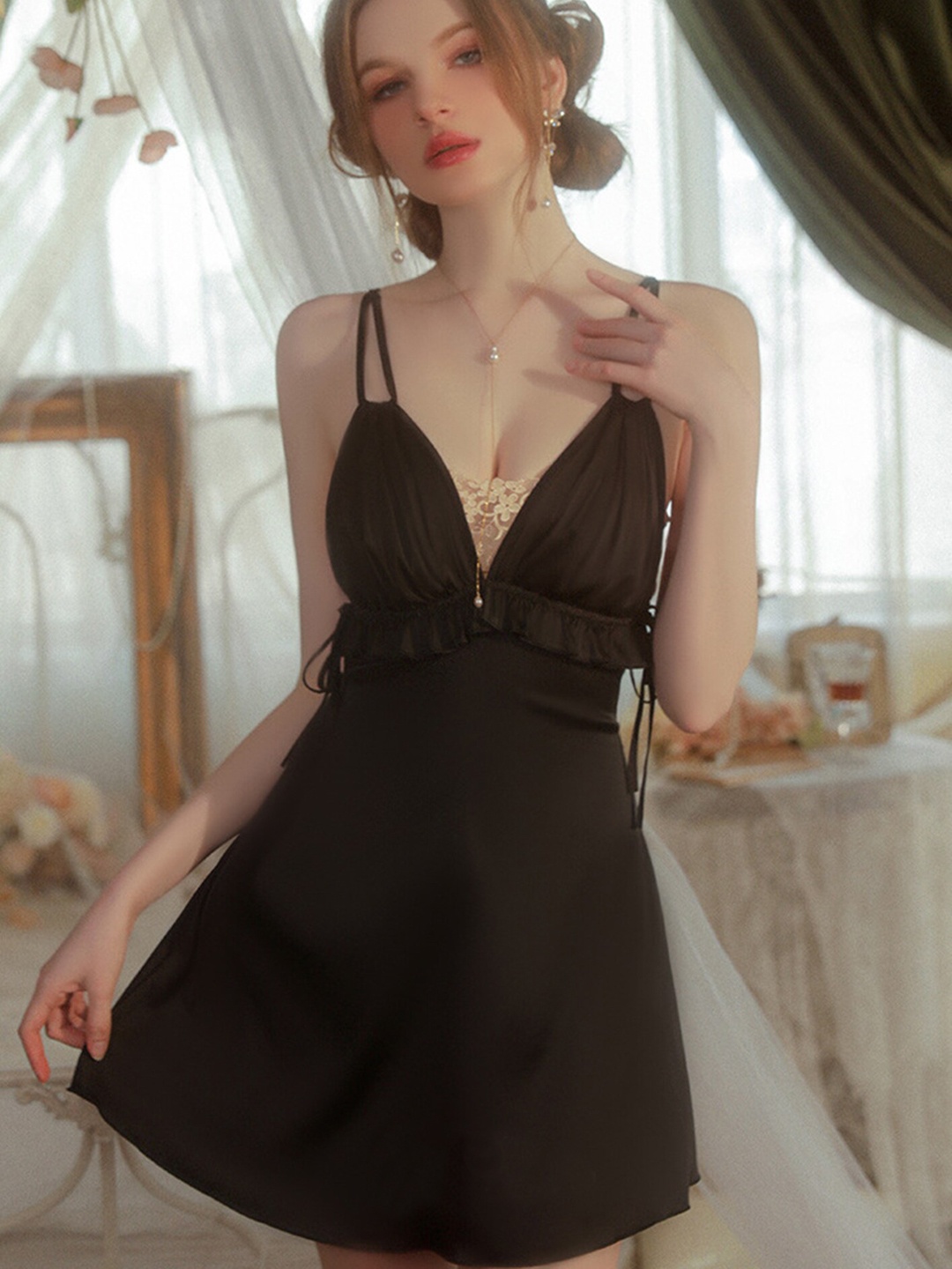 

LULU & SKY Lace Tie-Up Detail Ruffled Above-Knee Length Baby Doll, Black