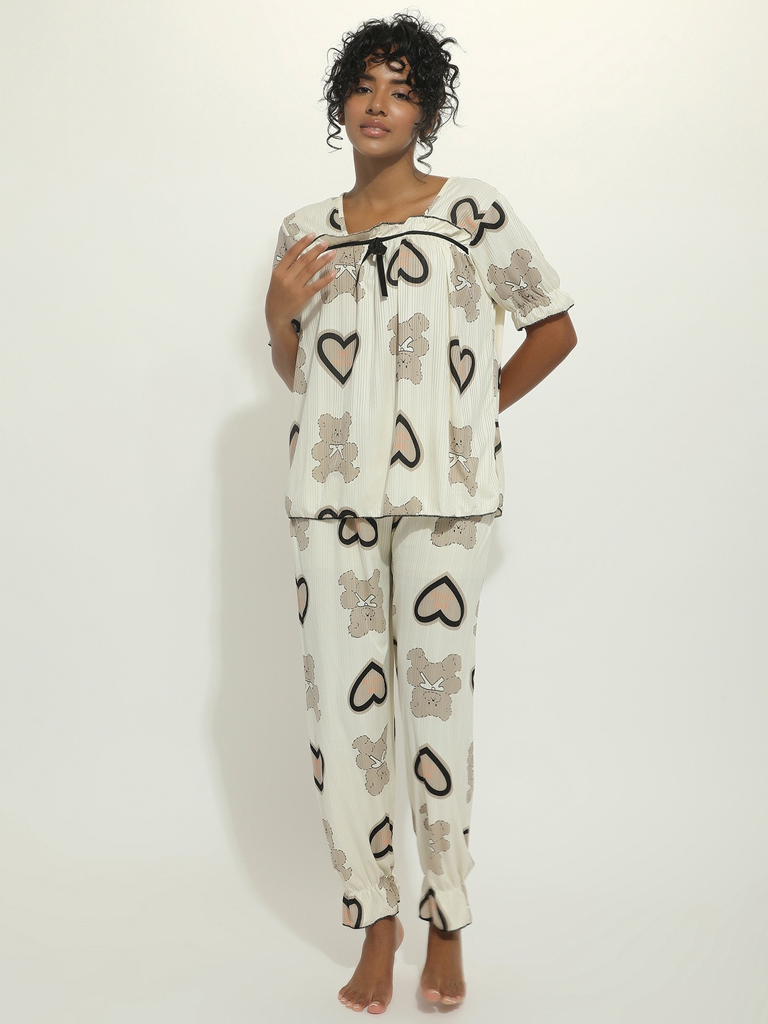 

LULU & SKY Conversational Printed Square Neck Top With Pant & Shorts, Beige