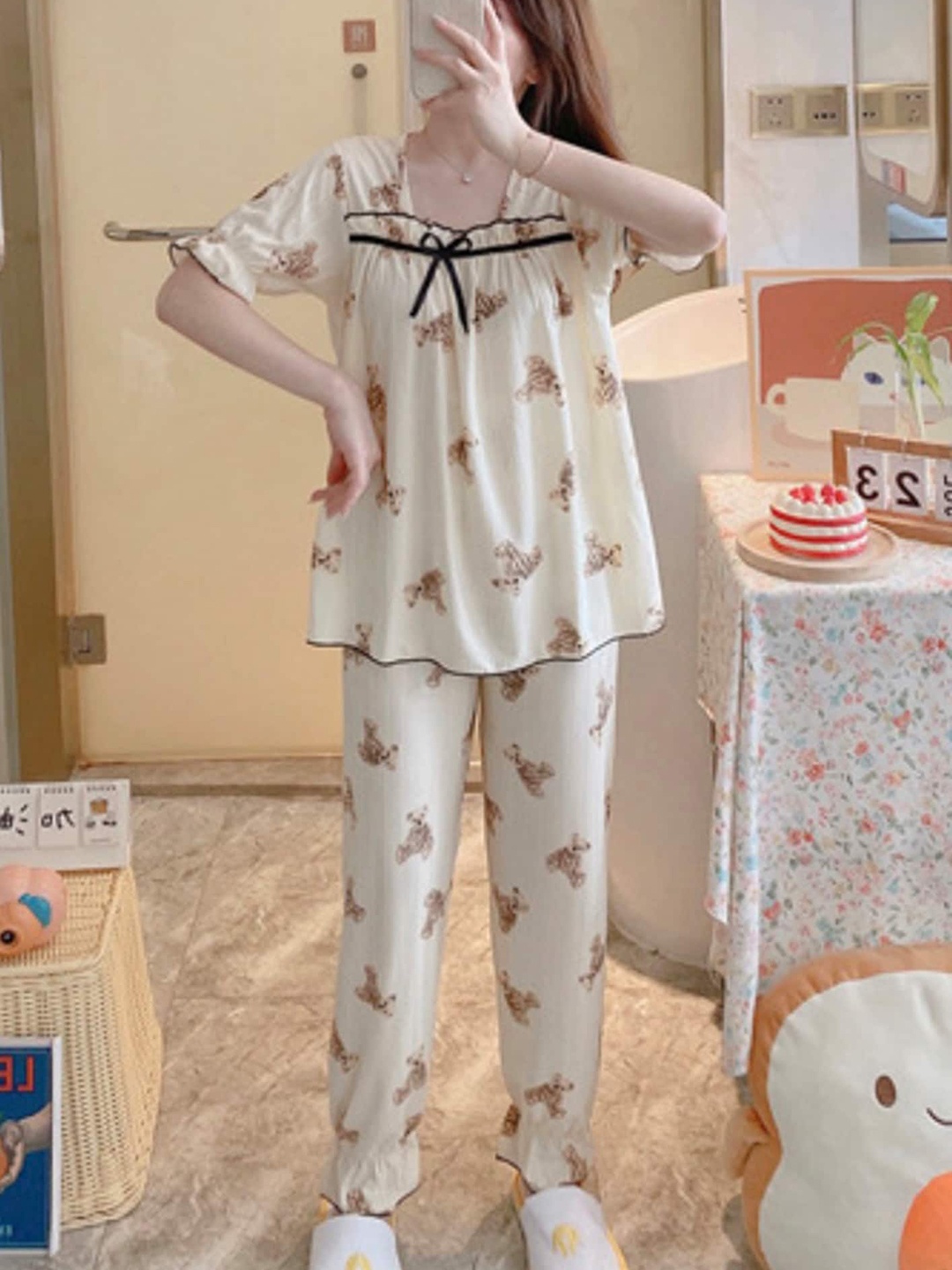 

LULU & SKY Conversational Printed Square Neck Top With Pant & Shorts, Brown