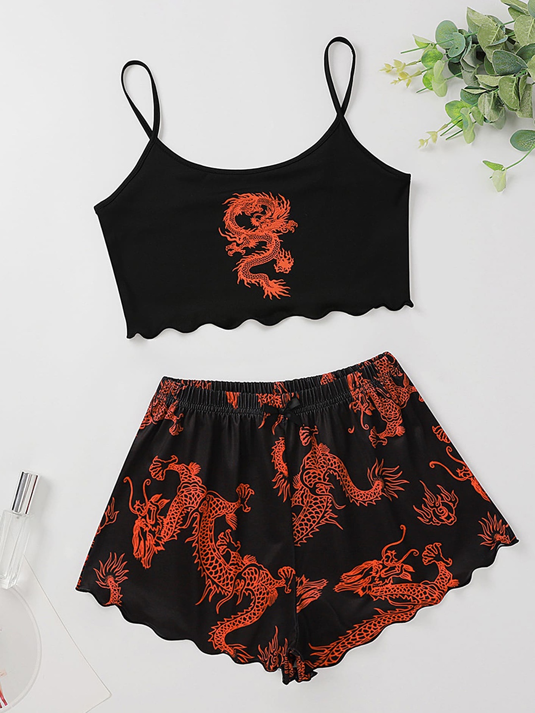 

LULU & SKY Graphic Printed Shoulder Straps Crop Top With Shorts, Orange