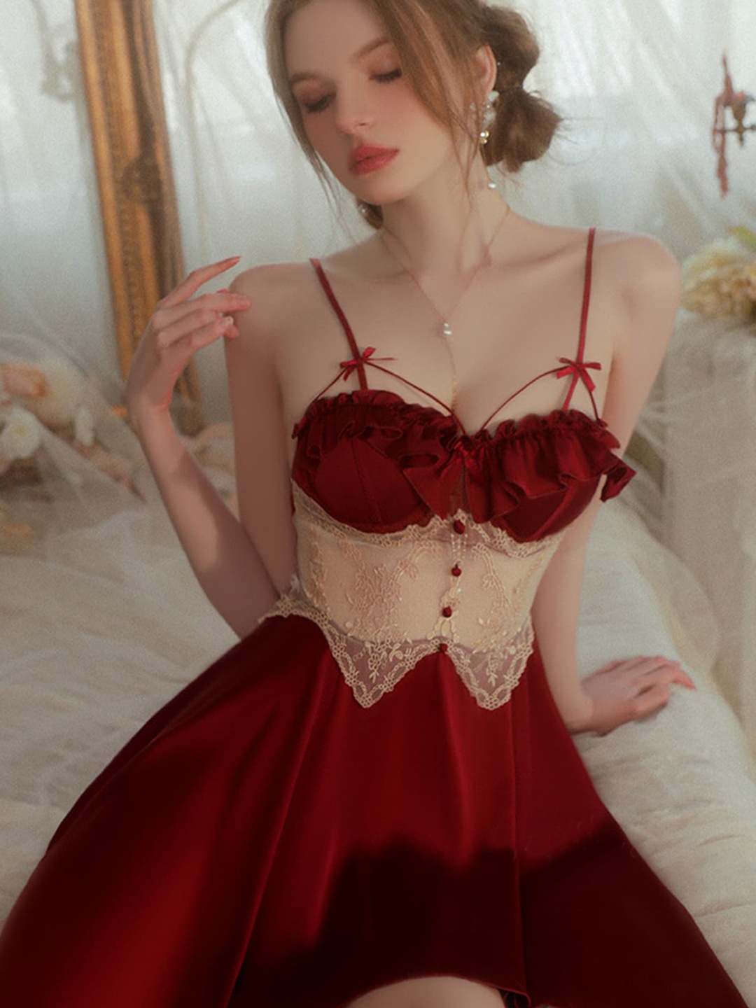 

LULU & SKY Lace Detail V- Neck Regular Nightdress, Burgundy