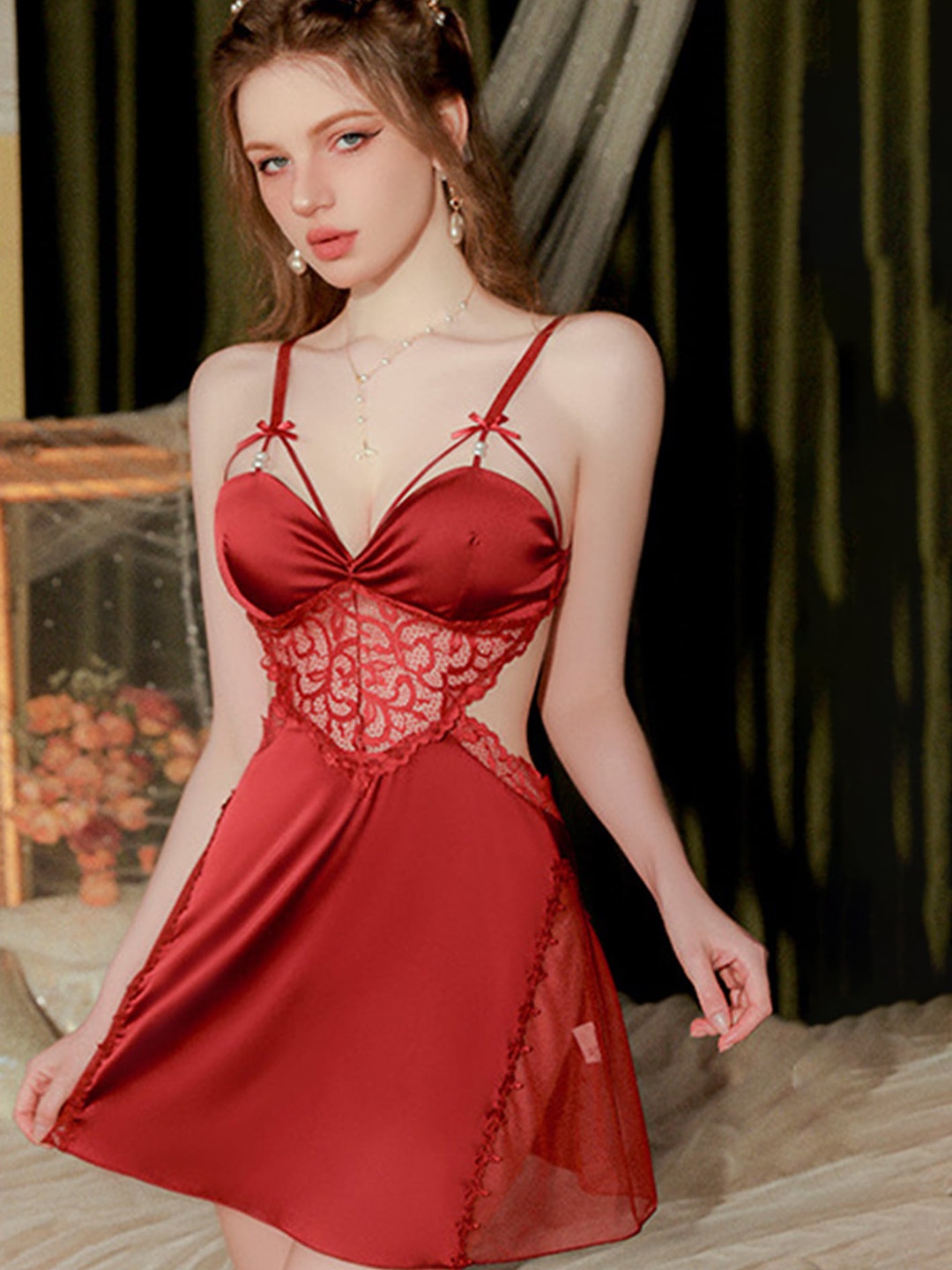 

LULU & SKY Self Design Laced Shoulder Straps Cut-Out Side Babydoll, Red