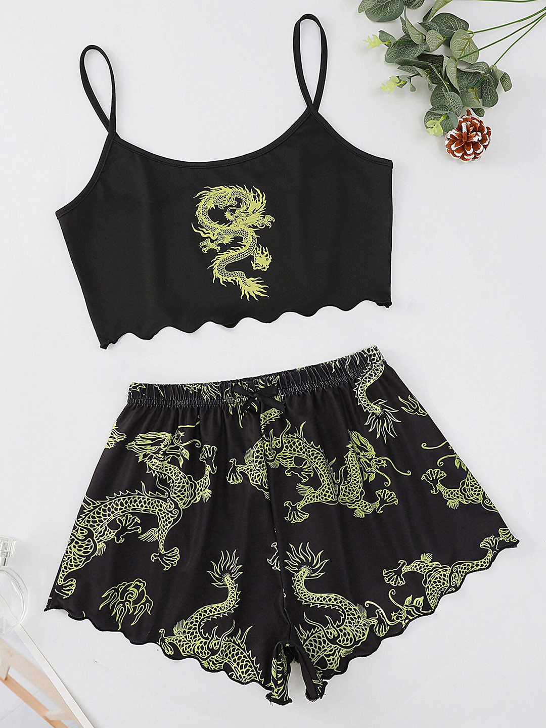 

LULU & SKY Conversational Printed Shoulder Straps Crop Top With Shorts, Black