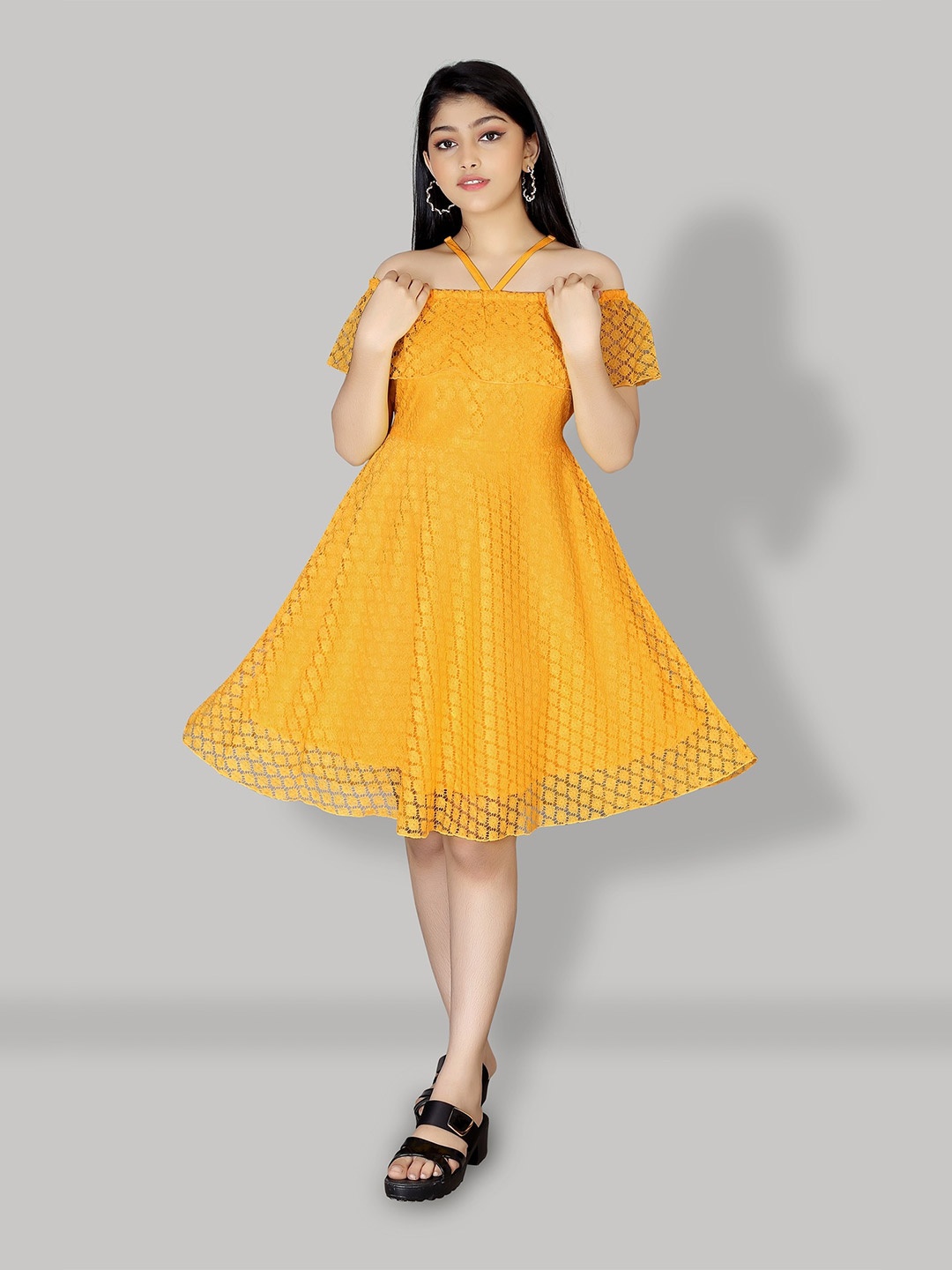 

R K MANIYAR Girls Self Design Off-Shoulder Fit & Flare Dress, Yellow