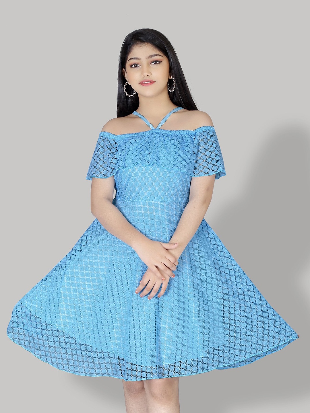 

R K MANIYAR Self Designed Off-Shoulder Fit & Flare Dress, Blue