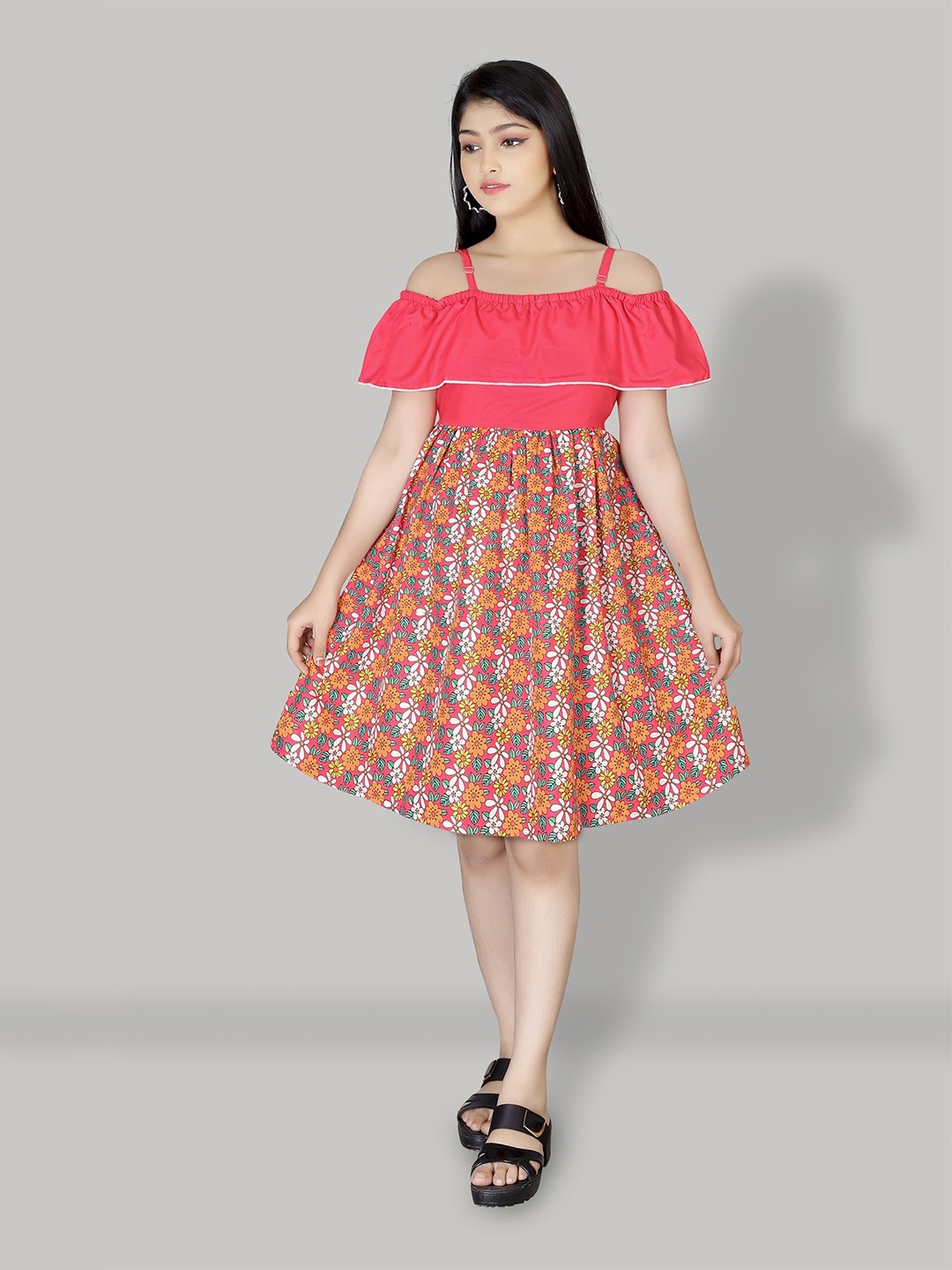 

R K MANIYAR Girls Floral Printed Off-Shoulder Gathered Fit & Flare Dress, Red