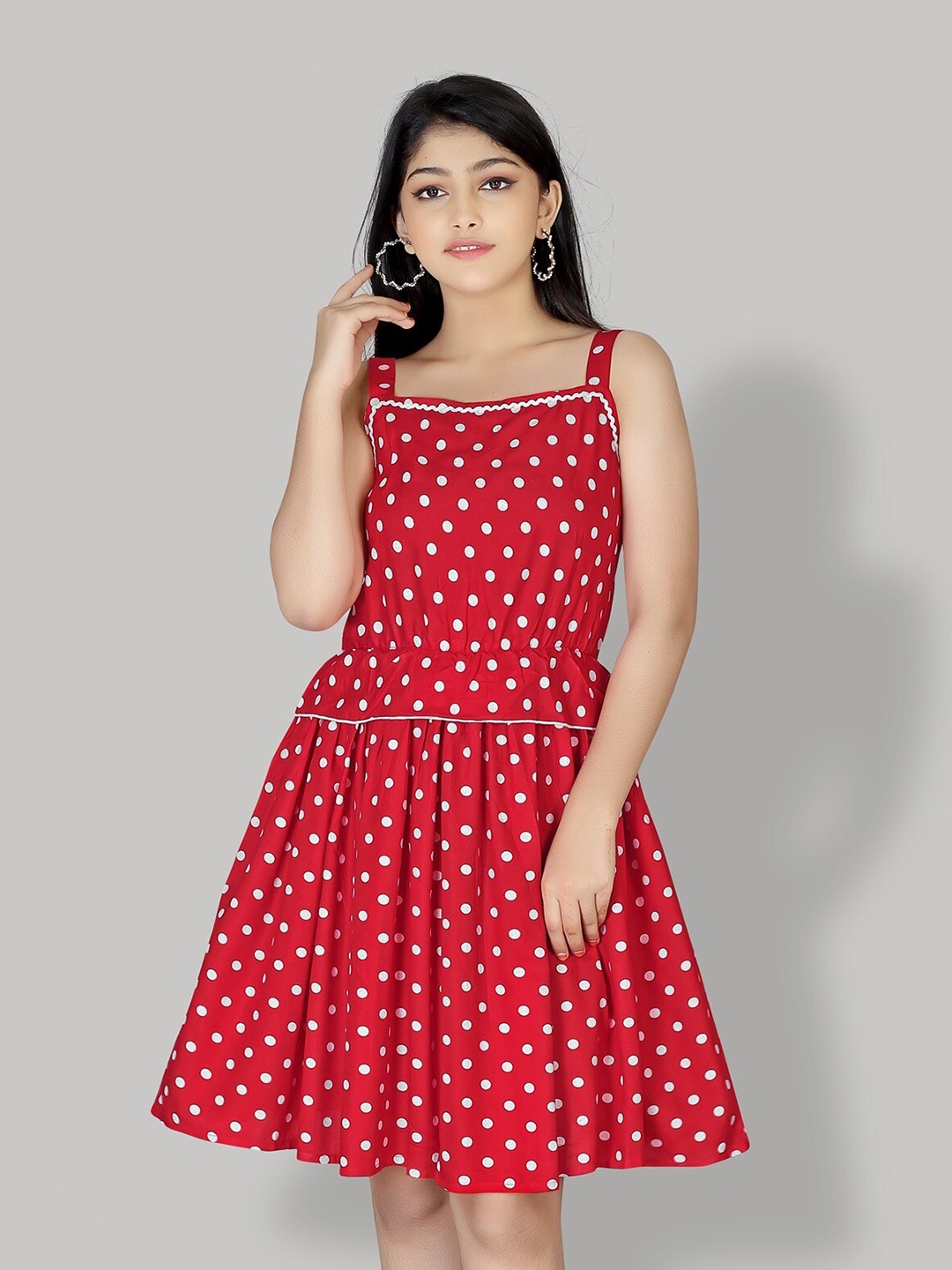 

R K MANIYAR Girls Polka Dot Printed Shoulder Straps A-Line Dress, Red