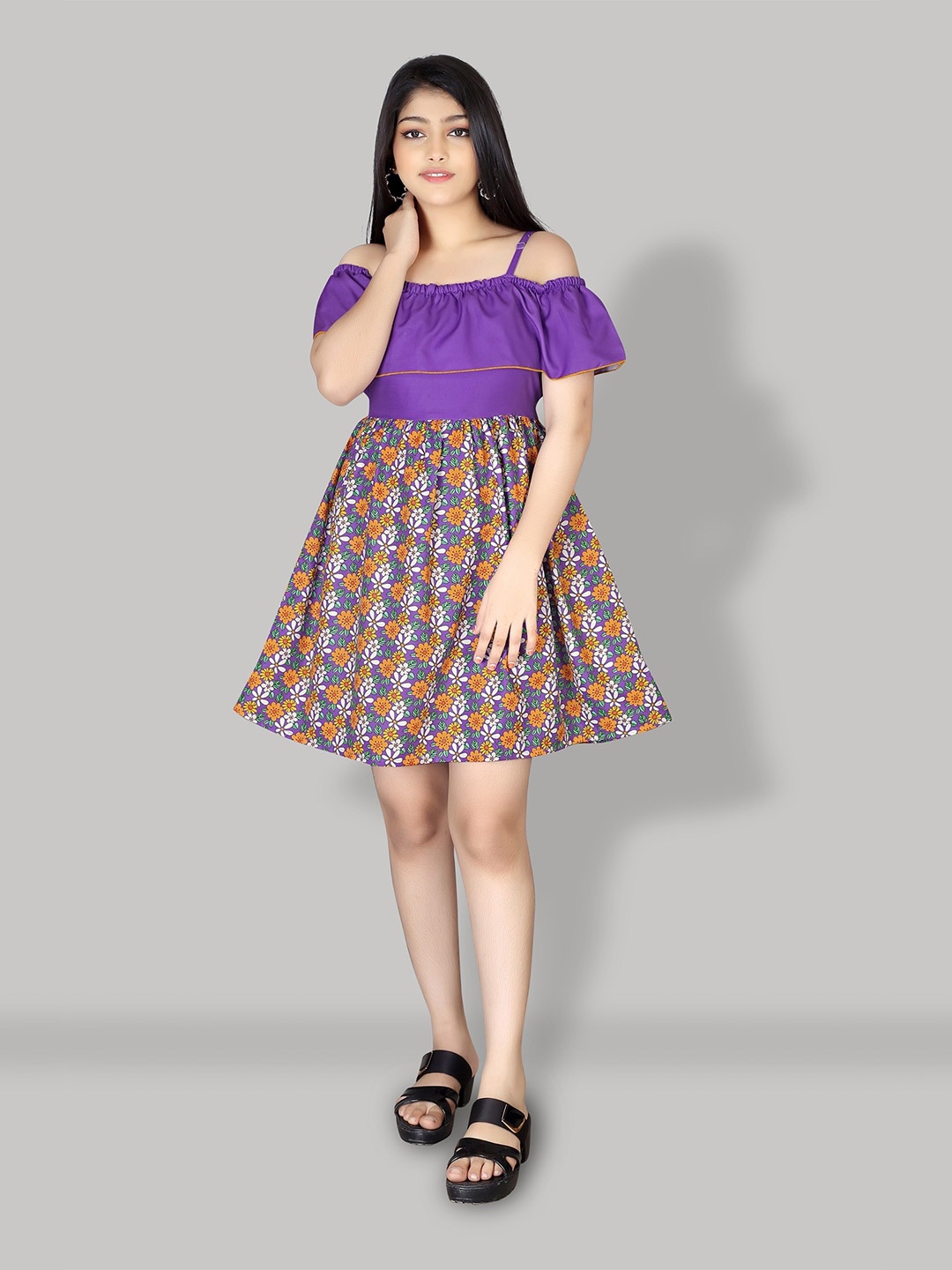 

R K MANIYAR Girls Floral Printed Off-Shoulder Gathered Fit & Flare Dress, Purple