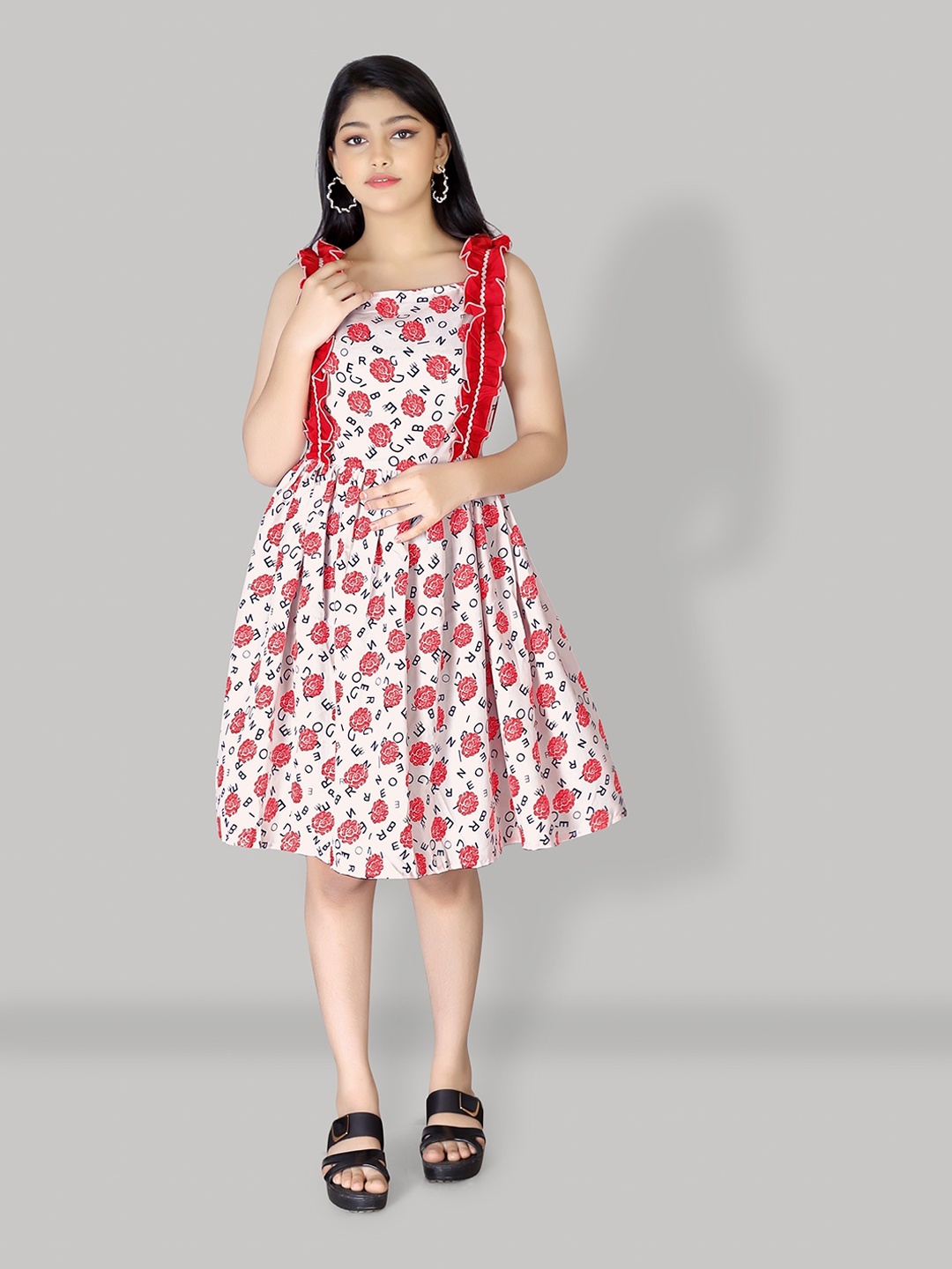 

R K MANIYAR Girls Floral Printed Fit & Flare Dress, Red