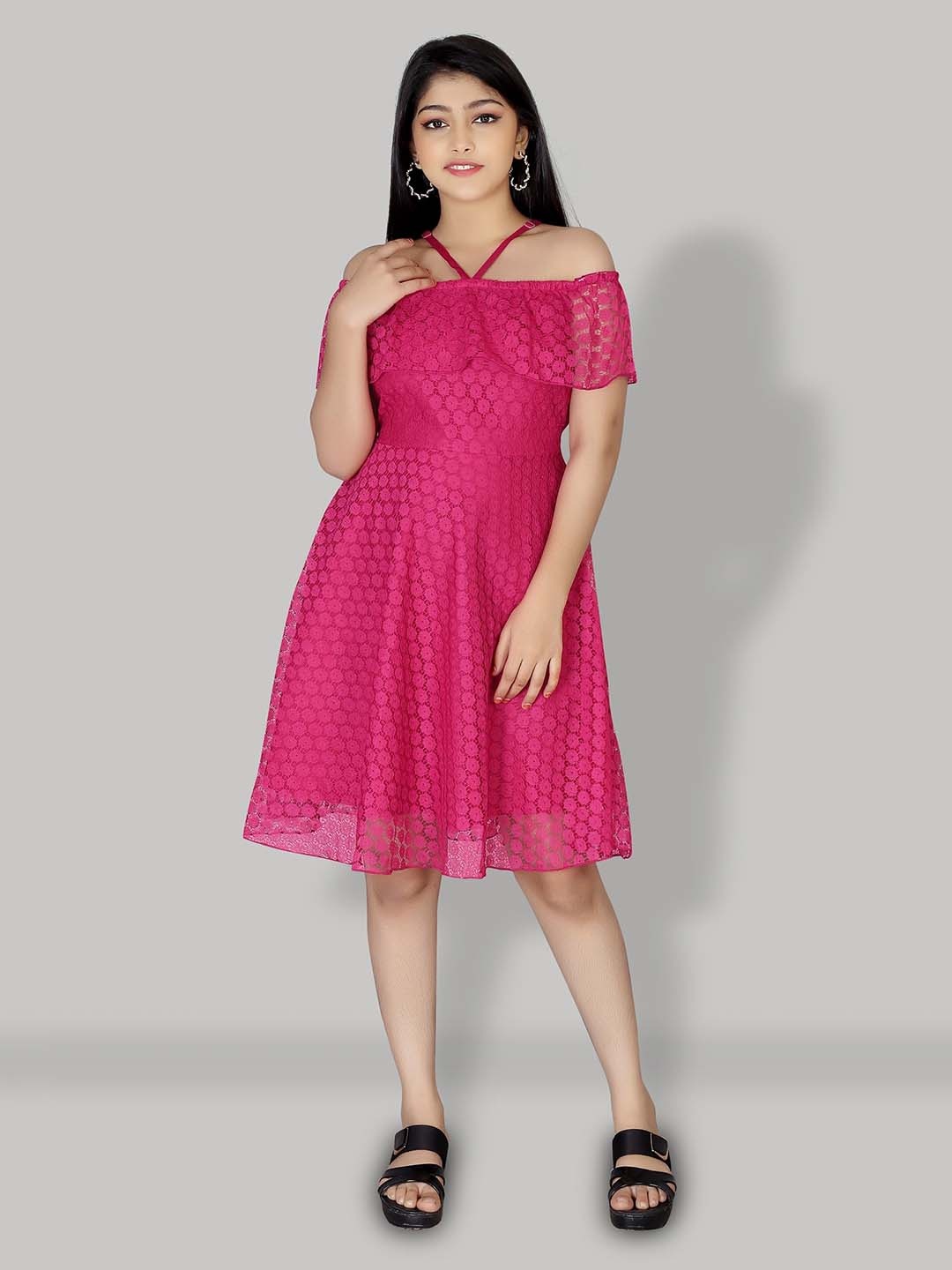 

R K MANIYAR Girls Self Design Off-Shoulder Net Fit & Flare Dress, Pink