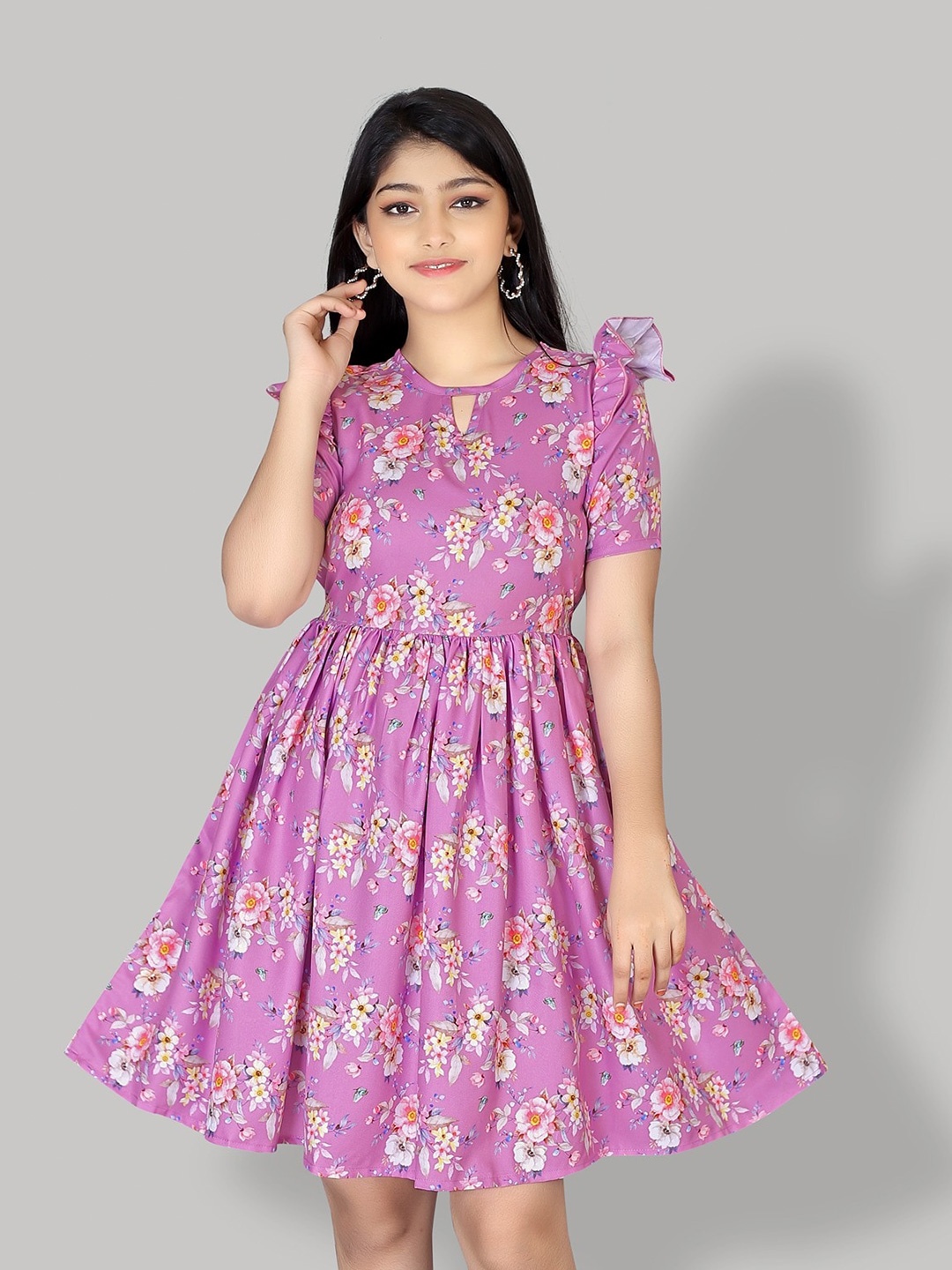 

R K MANIYAR Girls Floral Printed Keyhole Neck Gathered Fit & Flare Dress, Purple