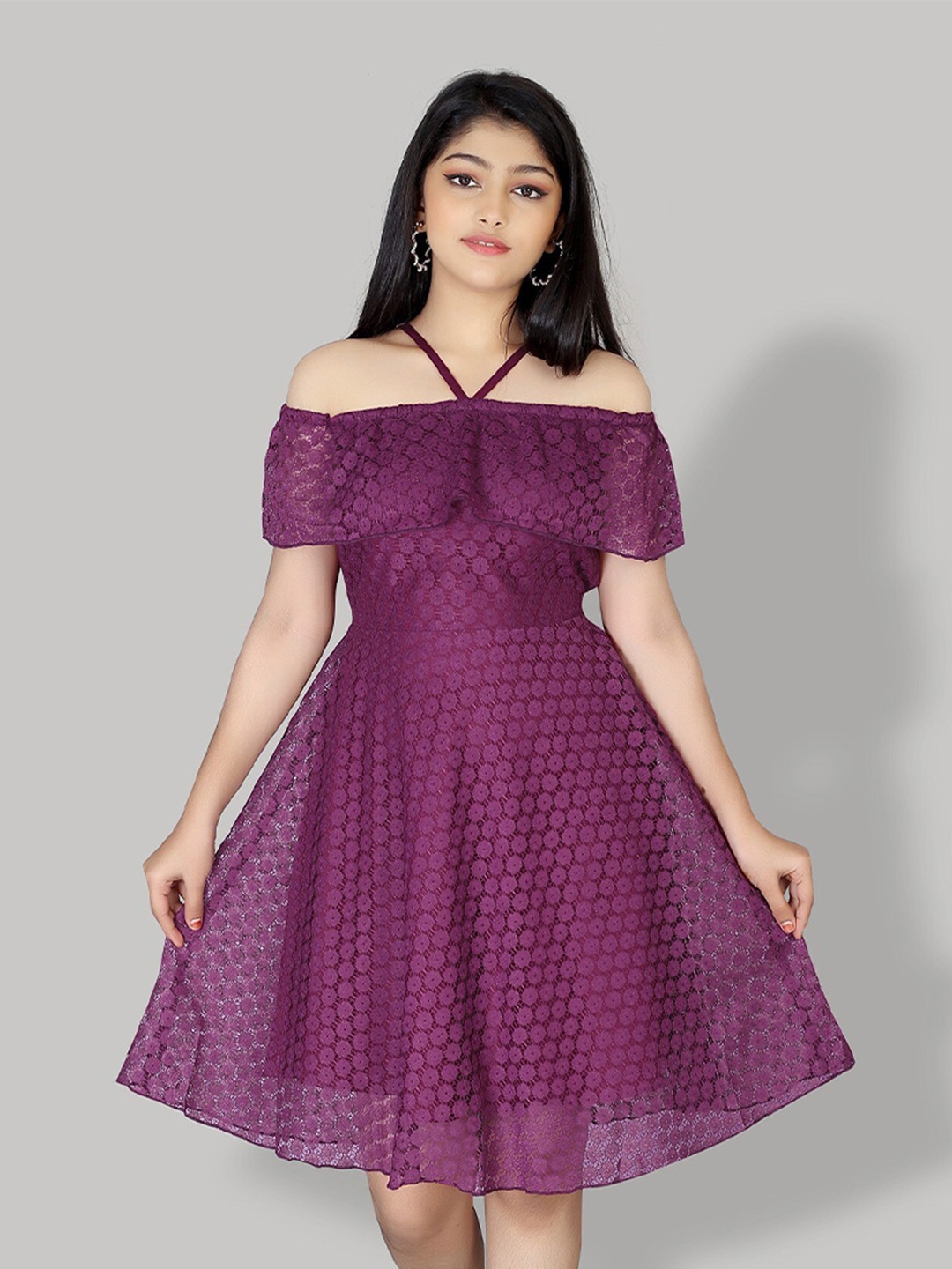 

R K MANIYAR Self Designed Off-Shoulder Fit & Flare Dress, Purple