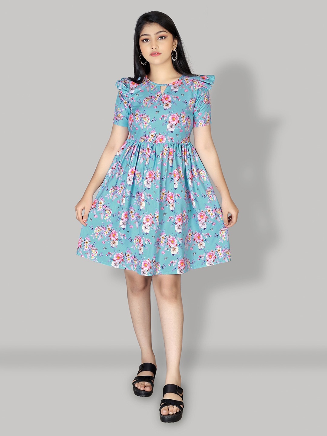 

R K MANIYAR Girls Floral Printed Keyhole Neck Gathered Fit & Flare Dress, Blue