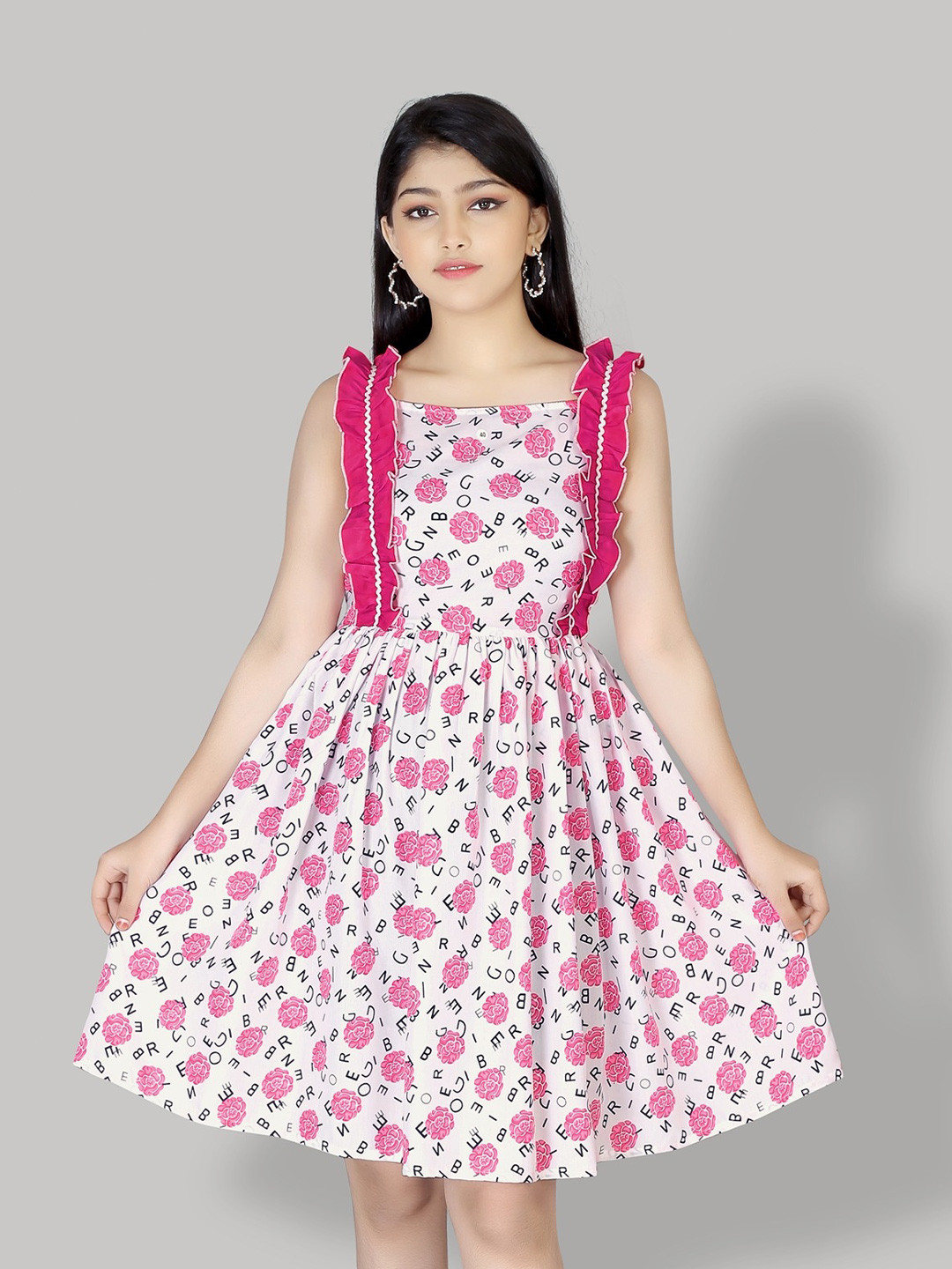 

R K MANIYAR Girls Floral Printed Square Neck Gathered Fit & Flare Dress, Pink