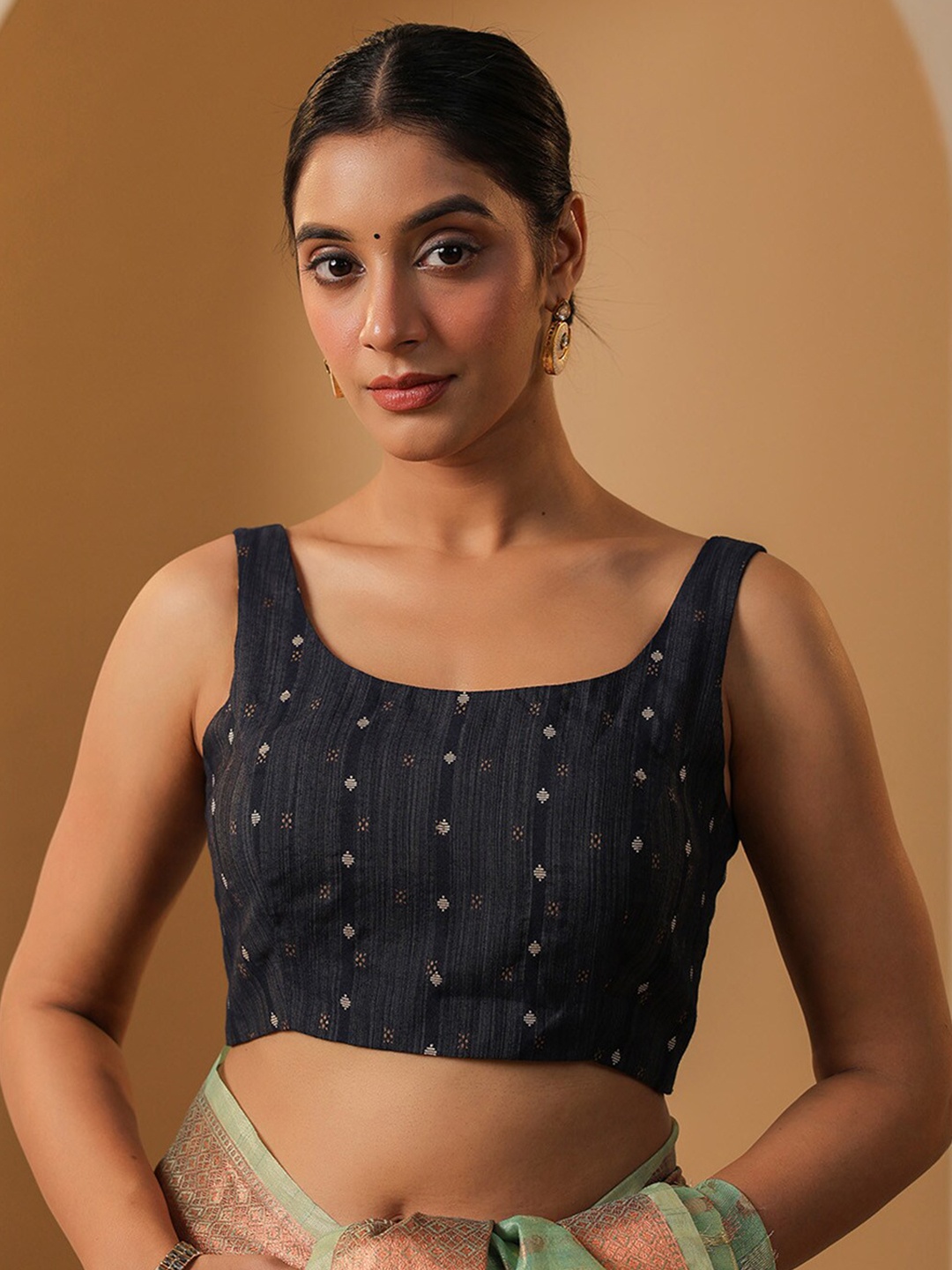 

KARAGIRI Printed Round Neck Saree Blouse, Navy blue