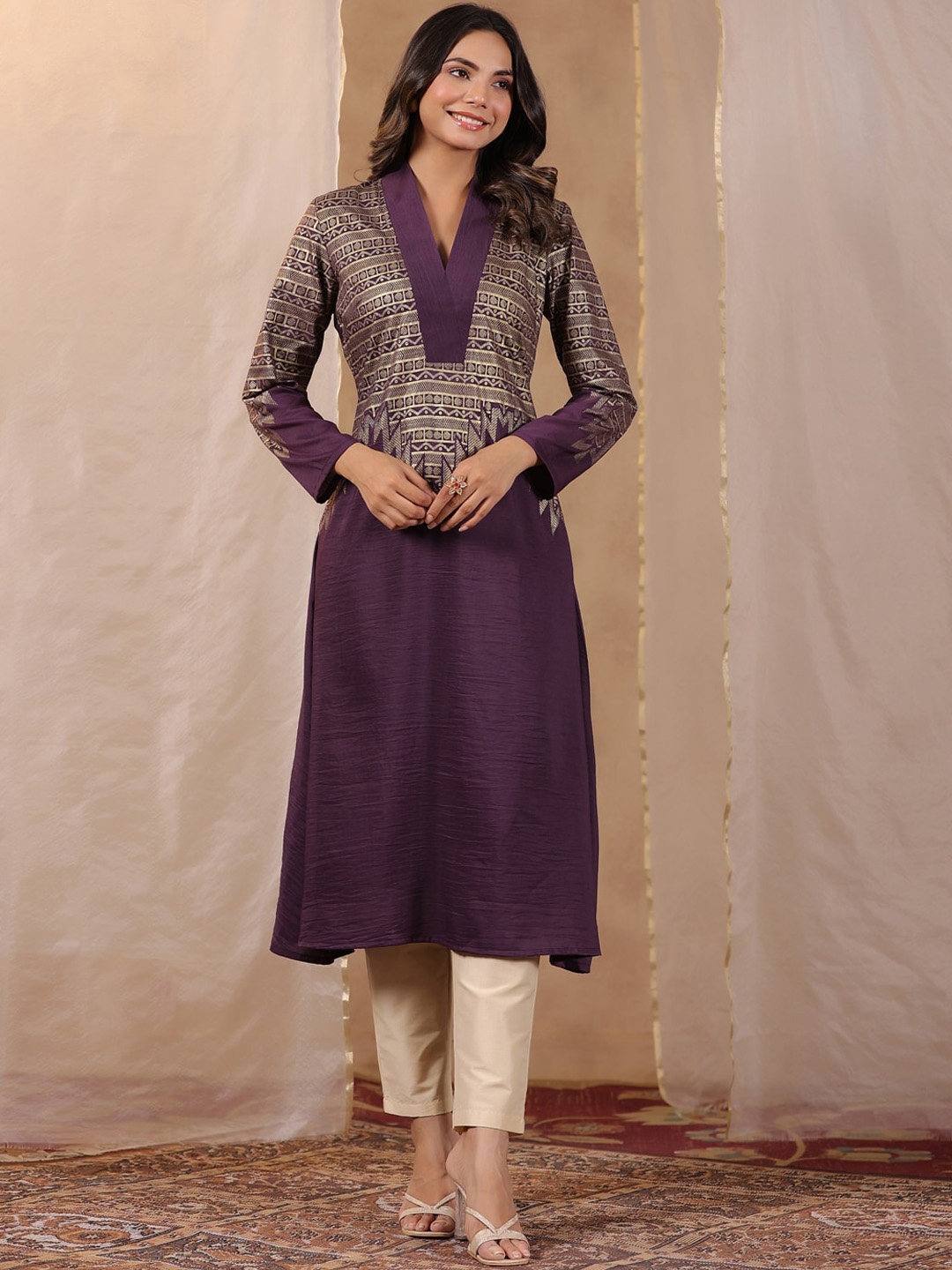 

Sangria Printed Long Sleeves A-Line Kurta, Purple
