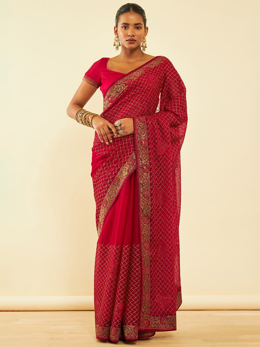 

Soch Fuchsia Zari Embroidered Pure Chiffon Saree