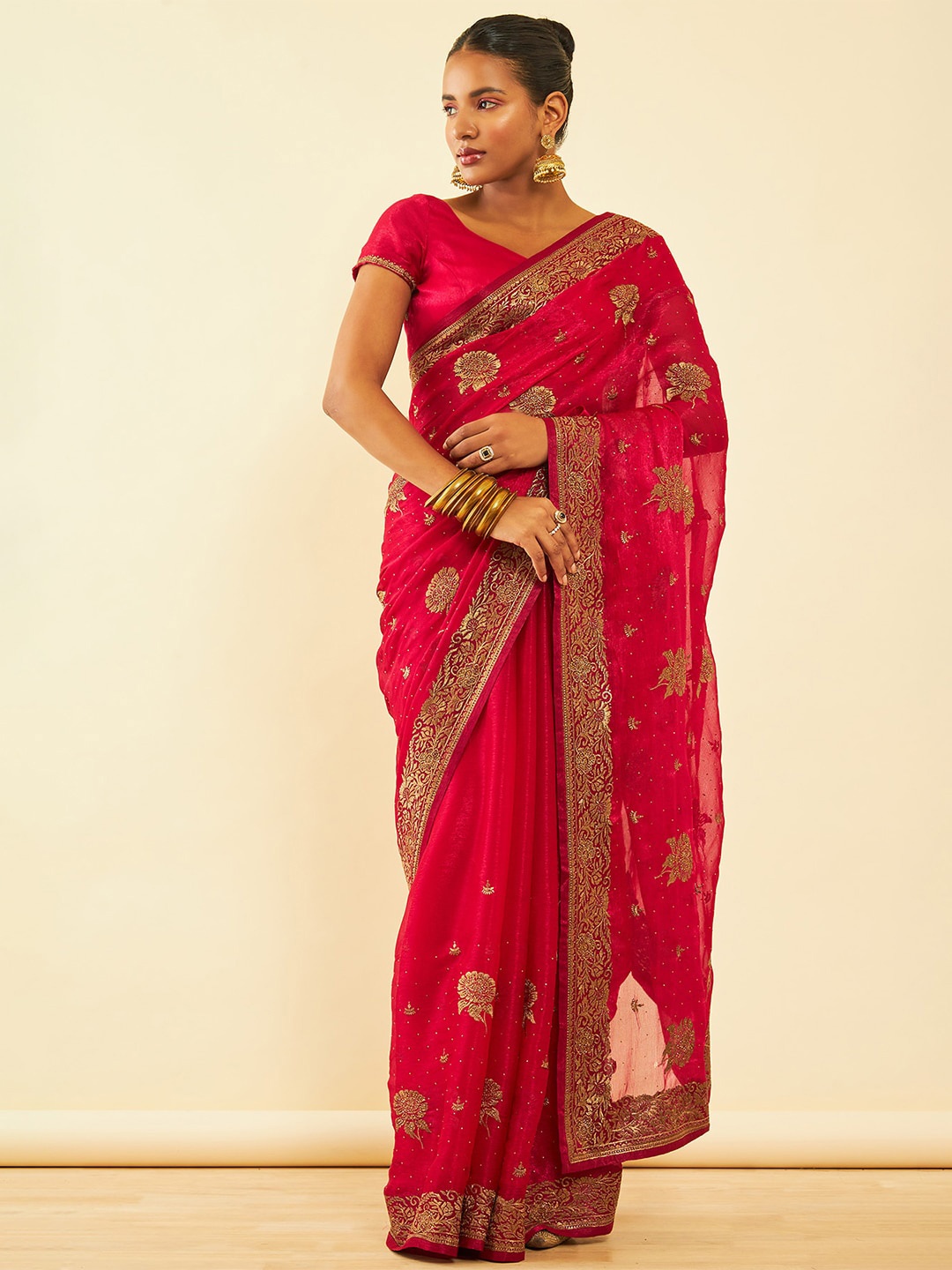 

Soch Fuchsia Floral Embroidered Zari Pure Chiffon Saree