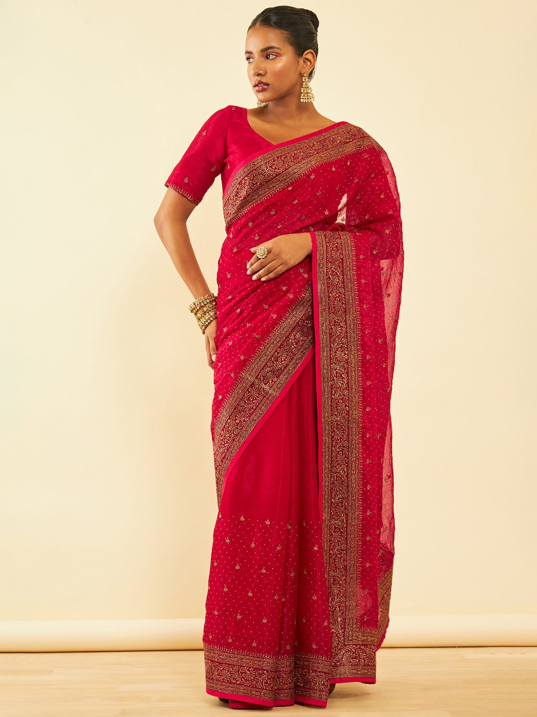 

Soch Pink Zari Pure Chiffon Fusion Saree