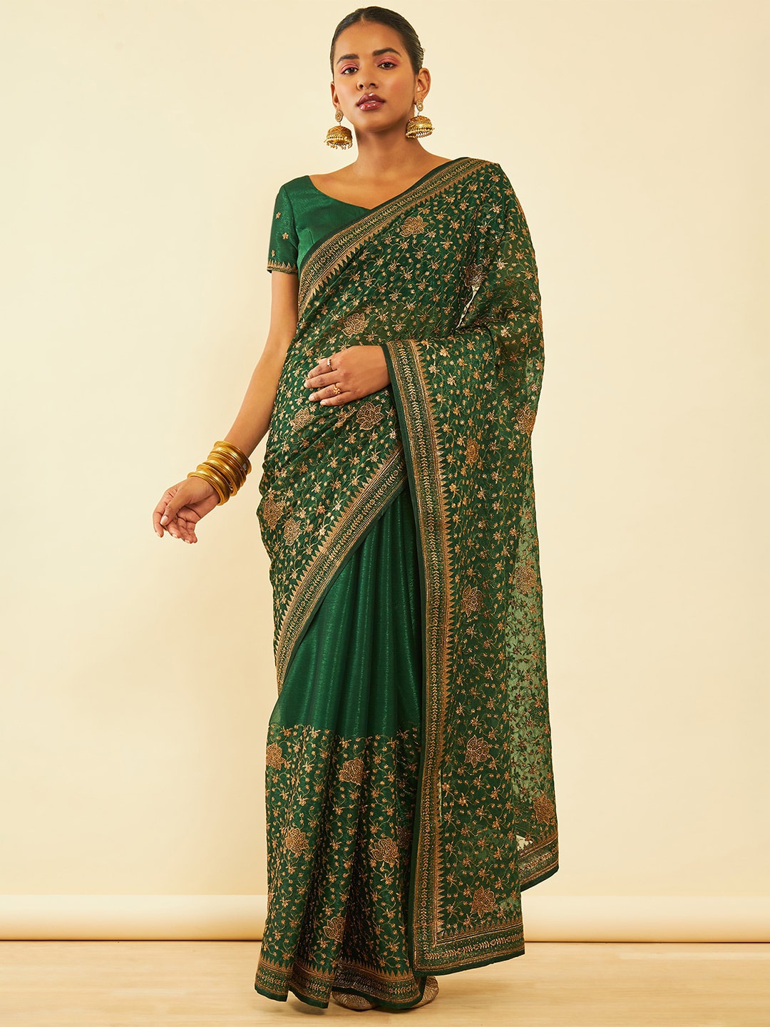 

Soch GreenFloral Embroidered Zari Pure Chiffon Saree, Green