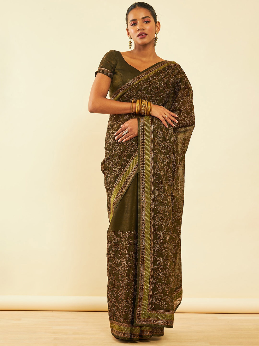 

Soch Olive Green Floral Embroidered Zari Pure Chiffon Saree