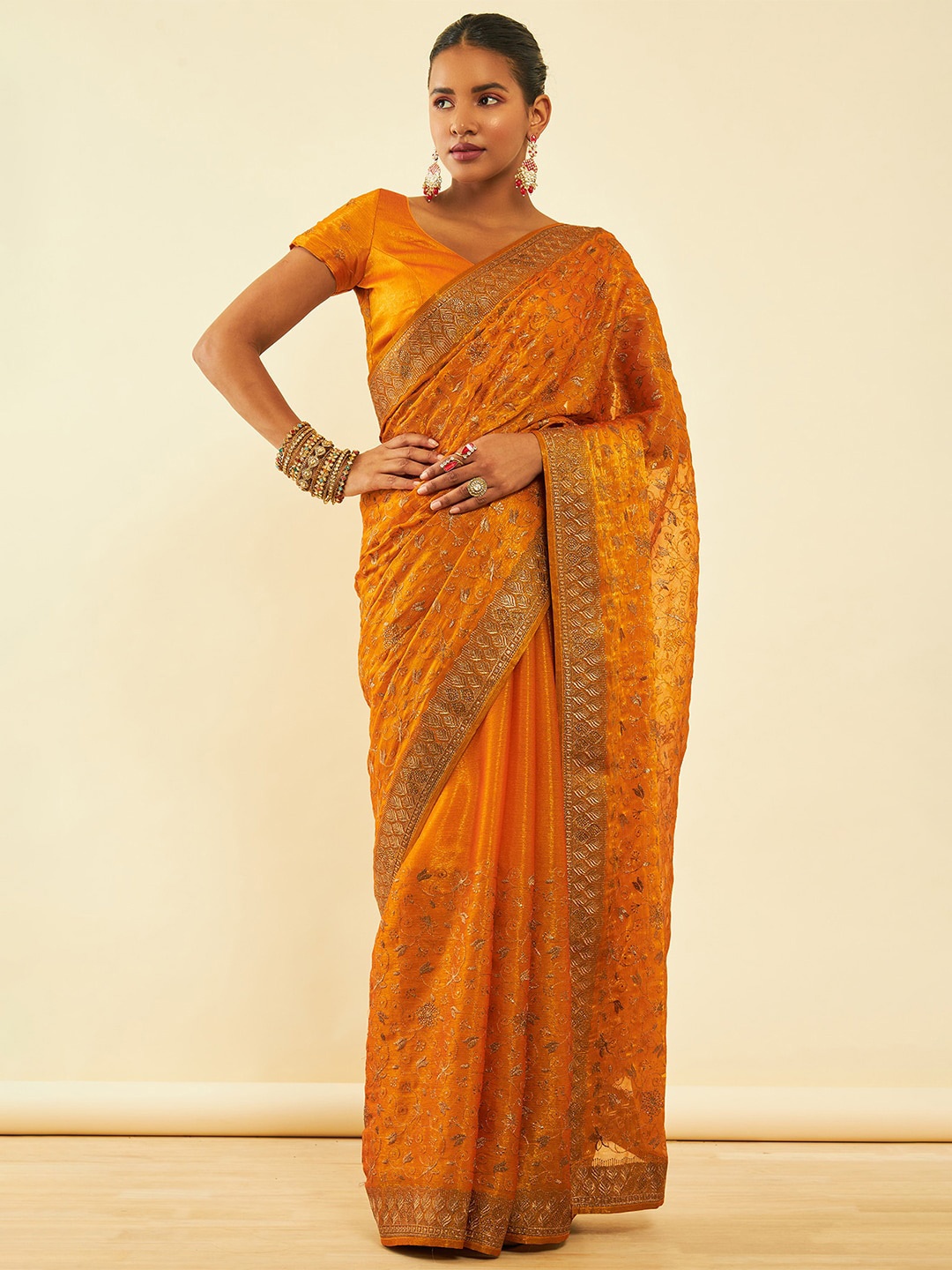 

Soch Mustard Yellow Floral Embroidered Zari Pure Chiffon Saree